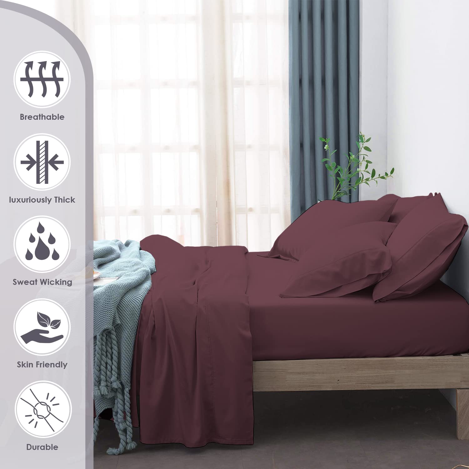 Pizuna Pure 100% Cotton Sheets 6pc King Size - 800 Thread Count Long Staple Cotton Sateen Bedding Set with 15