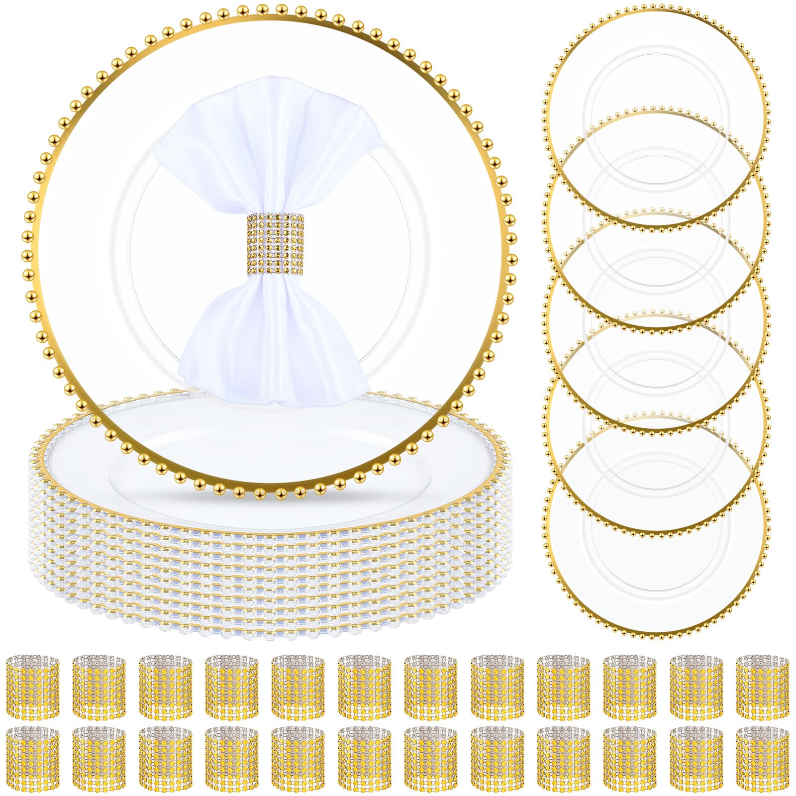 Uiifan 100 Pcs 50 Sets Clear Gold Charger Plates & Napkin Rings - 13 Inch Plastic Beaded Rim Acrylic Dinner Plates for Wedding, Party, Banquet Table Decorations - Elegant Table Setting for Formal Events & Holiday Dinners