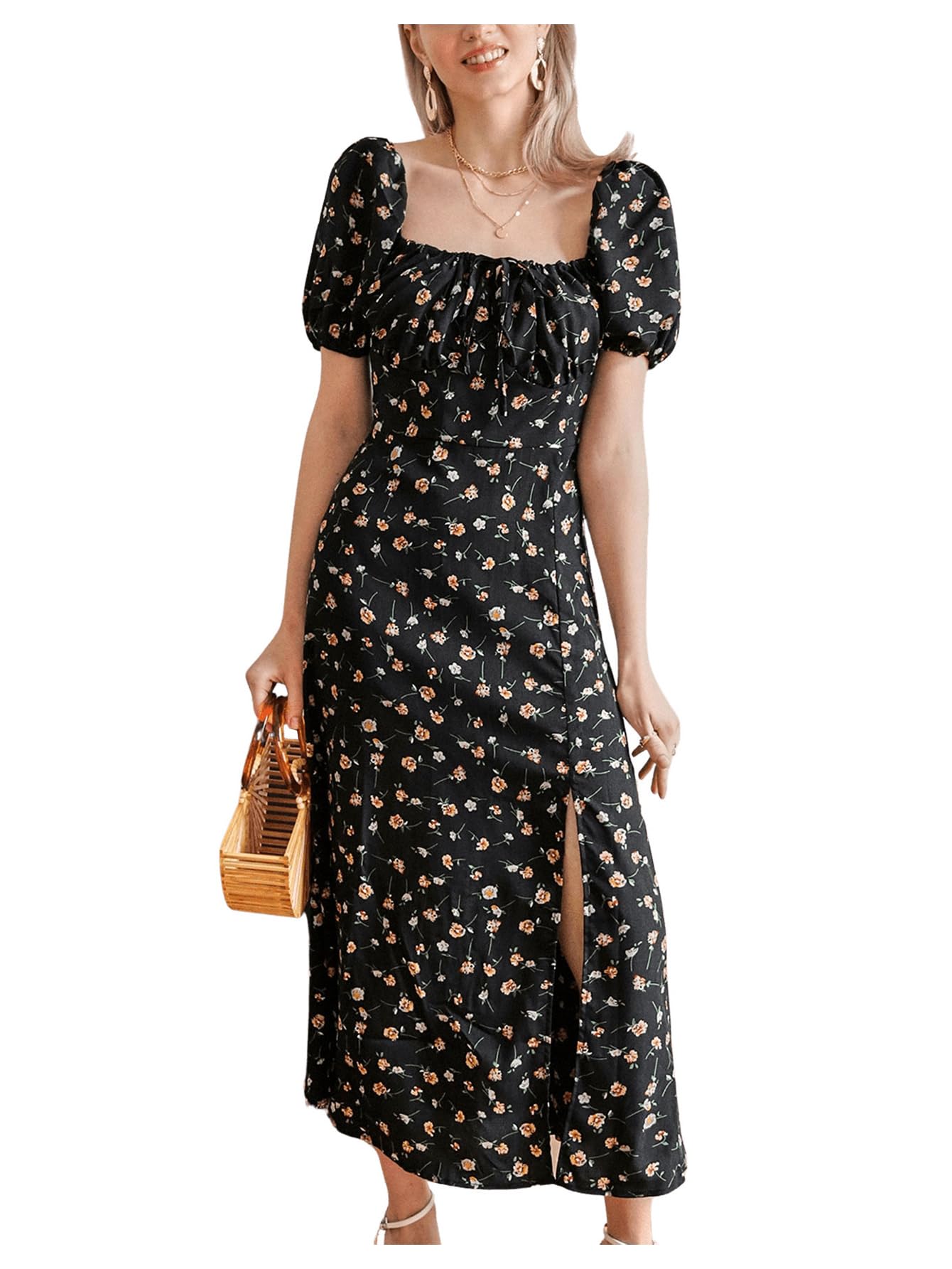 SHENHE Women's Floral Split Thigh Square Neck Puff Short Sleeve Long Boho Dress - Summer Beach Party, Vacation, Date Night Outfit