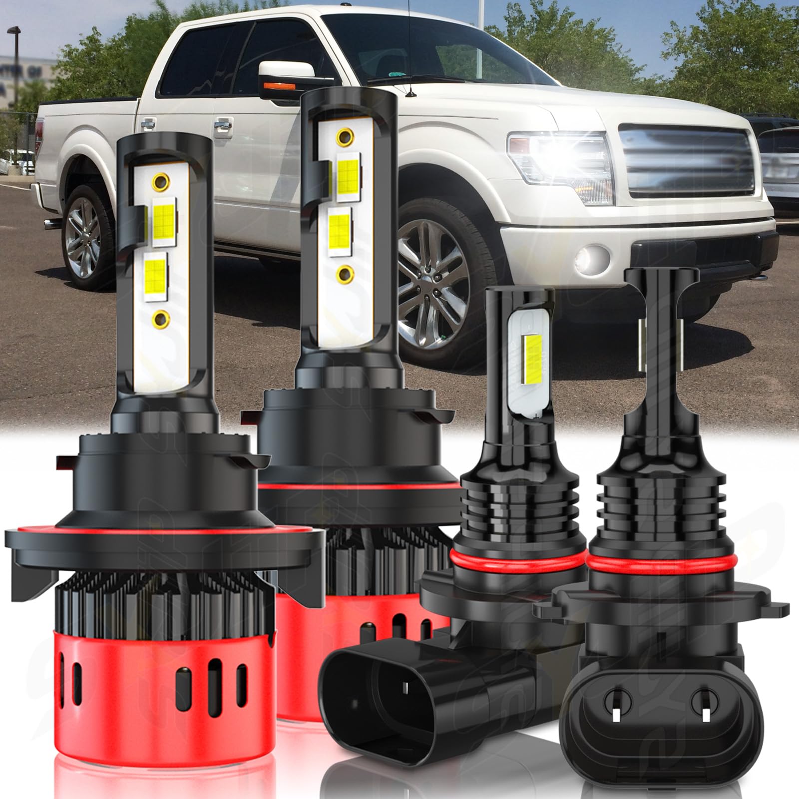 Ford F150 F250 F350 Headlight Bulbs & Fog Lights Combo - H13/9008 Hi/Lo Beam + 9145/9140 - 6000K Cool White - Plug & Play - Pack of 4 (2004-2020 Models) - Perfect for Night Driving & Off-Road Adventures