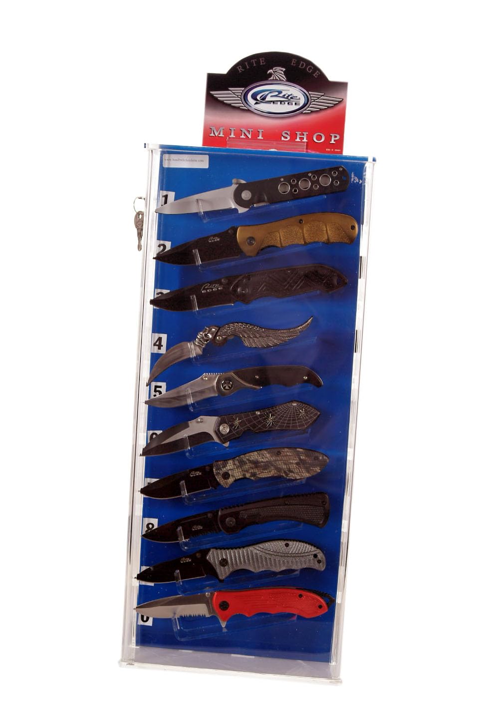 10-Piece Rotating Acrylic Knife Display Case with LED Lights - Rectangular Glass Stand Tower for Pocket Knives | Knife Organizer & Storage Cabinet with Shelves | Perfect for Retail Stores, Collections, and Home Display