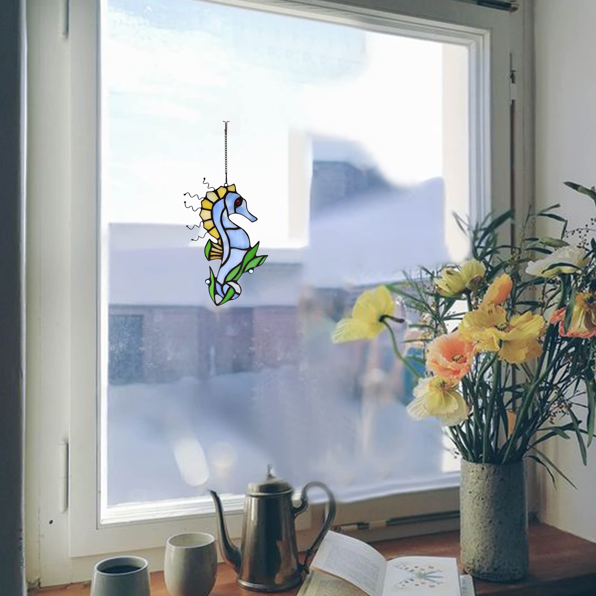 Handmade Seahorse Stained Glass Suncatcher - Ocean-Themed Wall Hanging Decor for Windows, Living Room, Bedroom & Kitchen | Marine Life Ornament Perfect for Beach House Decor, Coastal Home Accents & Gift Ideas