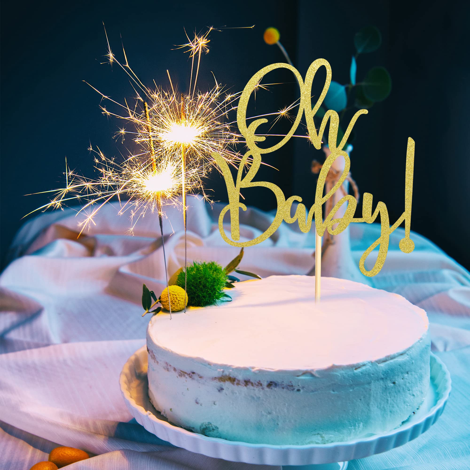 Oh Baby Cake Toppers - Gold Glitter Baby Shower Cake Picks for Celebrating Baby Showers & Kids Birthday Parties - Perfect for Baby Shower Decorations, Gender Reveals & 1st Birthday Cakes