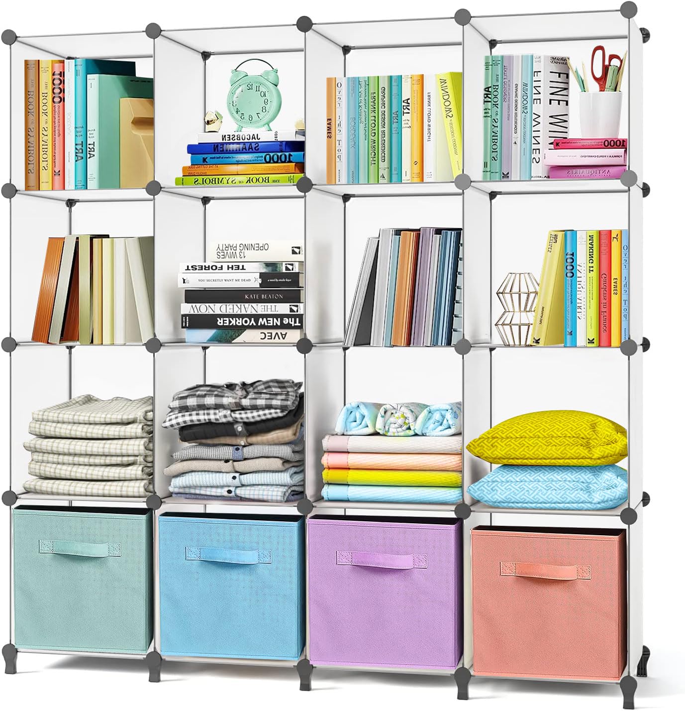 AWTATOS 16-Cube Storage Shelf, DIY Modular Cube Organizer, PP Plastic Stackable Shelves for Kids, Toy Storage, Foldable Cabinet, White ULPZ016 - Perfect for Kids' Room, Playroom, and Home Organization