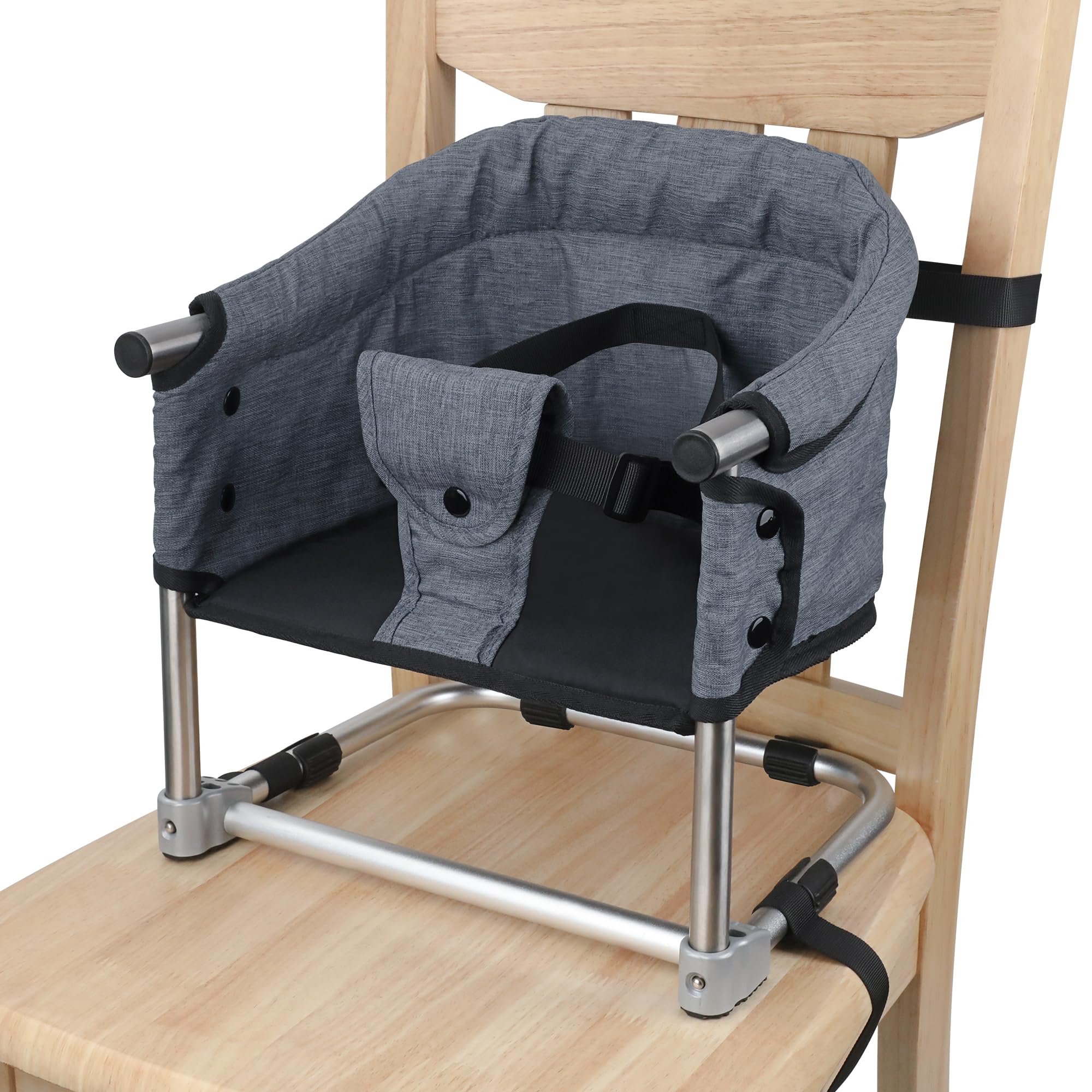 Portable Toddler Booster Seat for Dining Table - Adjustable Height Baby High Chair with Safety Belt, Foldable Kids Feeding Chair for Home Kitchen & Travel - Grey - Perfect for Family Meals, Restaurant Dining and Road Trips