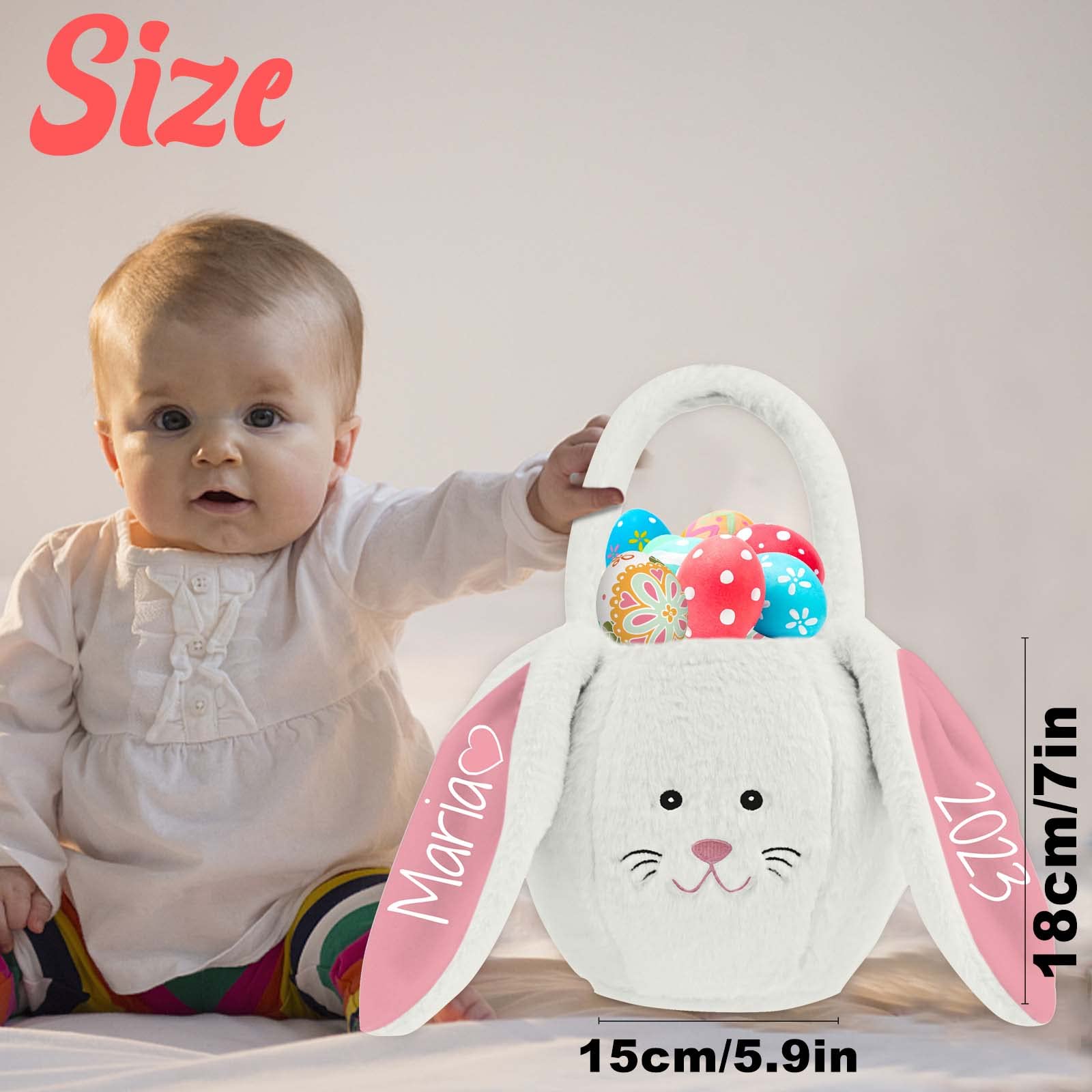 Personalized Bunny Easter Basket with Name - Custom Plush Easter Gift Basket with Handle for Kids, Girls, Baby & Toddler - Fluffy Pink Egg Bag for Easter Egg Hunt, Party Favors & Spring Celebrations
