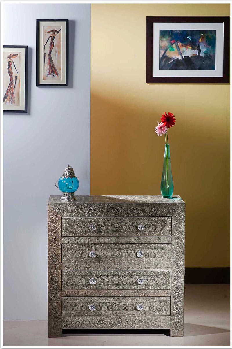 Handmade Brass Embossed Metal Dresser - Vintage Style Chest of Drawers for Bedroom Storage | Perfect for Home Decor, Jewelry Organization & Bedroom Furniture