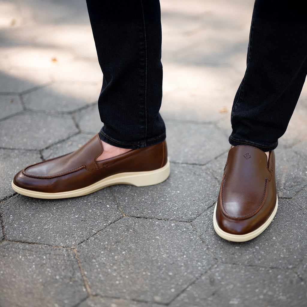 Premium Genuine Leather Loafer Shoes for Men - Chestnut & Cream Color - Comfortable Slip-On Dress Shoes for Business, Office & Casual Wear