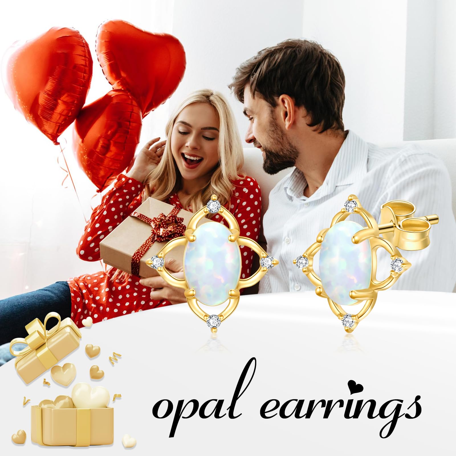 14K Solid Yellow Gold Opal Earrings - Flower, Triangle, Star & Vintage Stud Earrings for Women | Elegant Opal Jewelry Gift for Birthday, Anniversary & Special Occasions