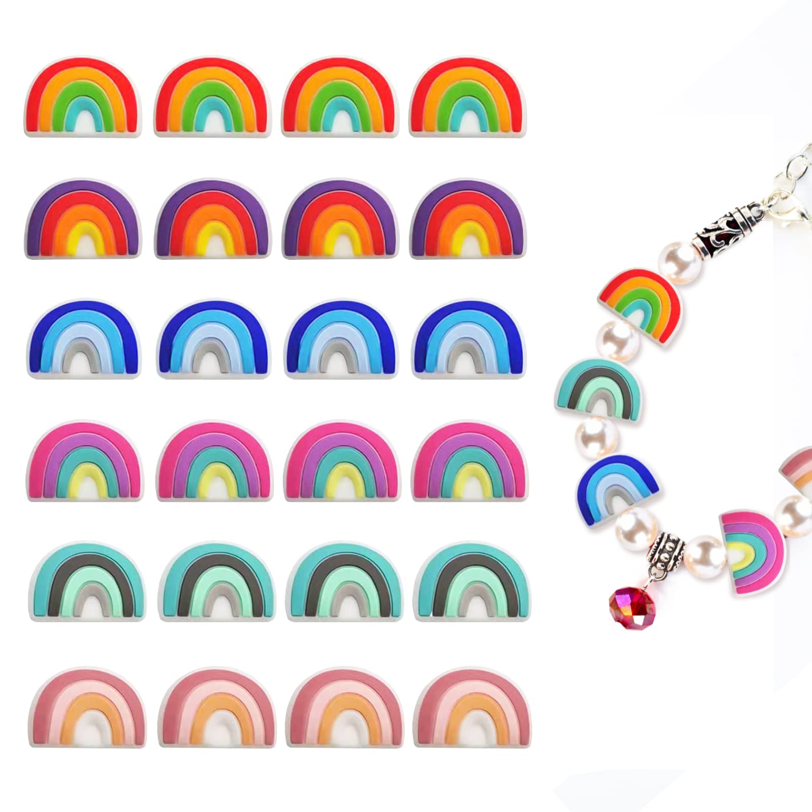 24 Pcs Silicone Rainbow Beads for DIY Jewelry Making - Keychain, Bracelet, Necklace, Hair Clip & Pen Decorations - Perfect for Kids Crafts, Party Favors and Gift Accessories