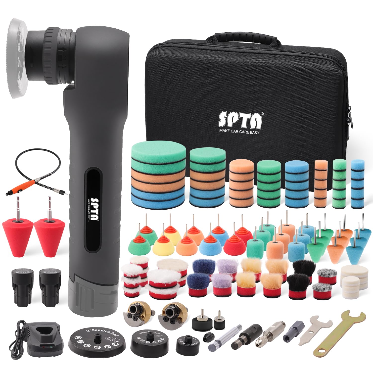 SPTA 12V Cordless Mini Polisher - RO & DA Car Buffer for Detailing, Sanding & Cleaning | Includes Mini Polishing Pads & Wool Pads | Perfect for Auto Detailing, DIY Projects & Small Surface Polishing