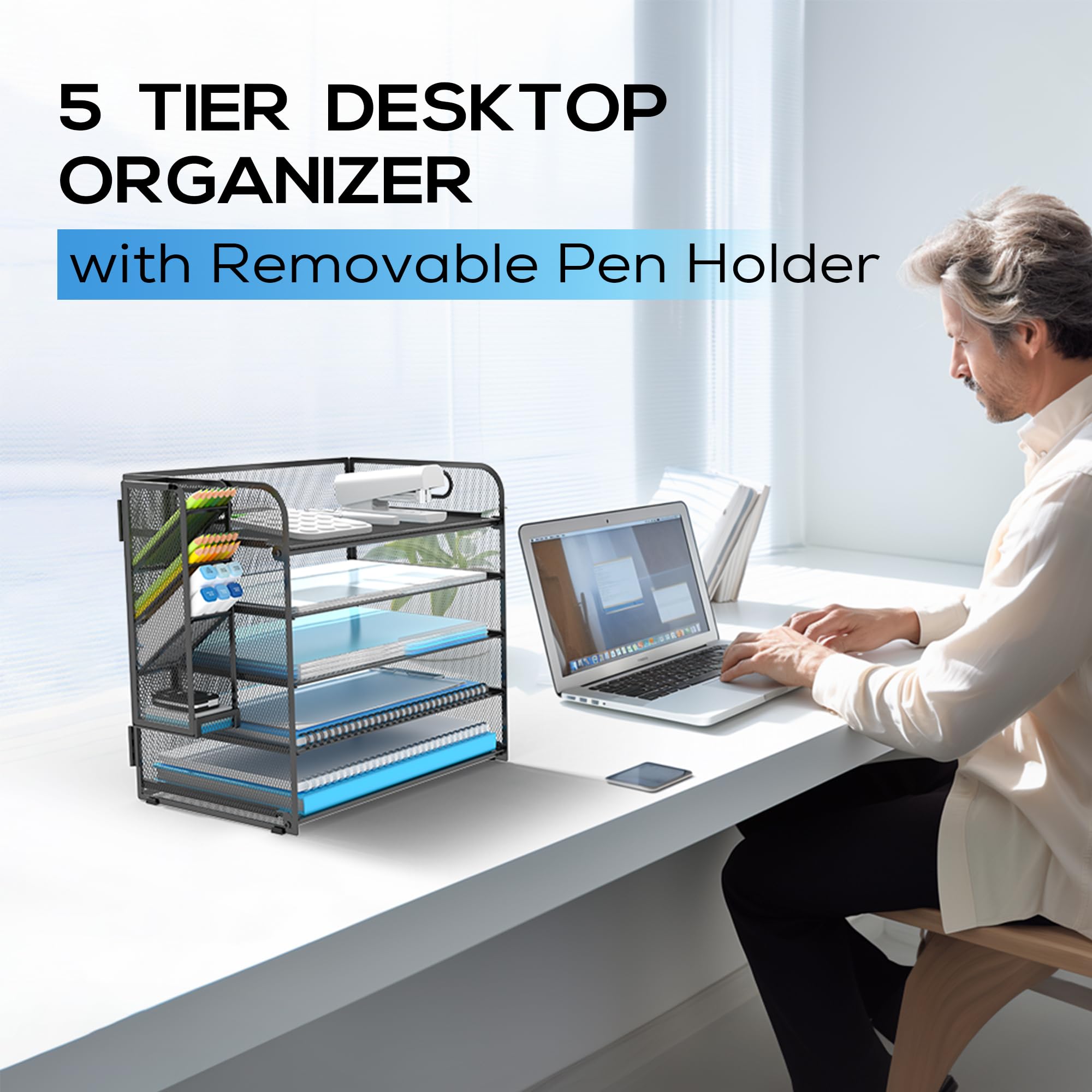 5 Tier Desk Organizer with Handle & Removable Pen Holders - Black Office Supplies for Home & Office Organization, Perfect for Desk Accessories, School Supplies, and Workspace Storage