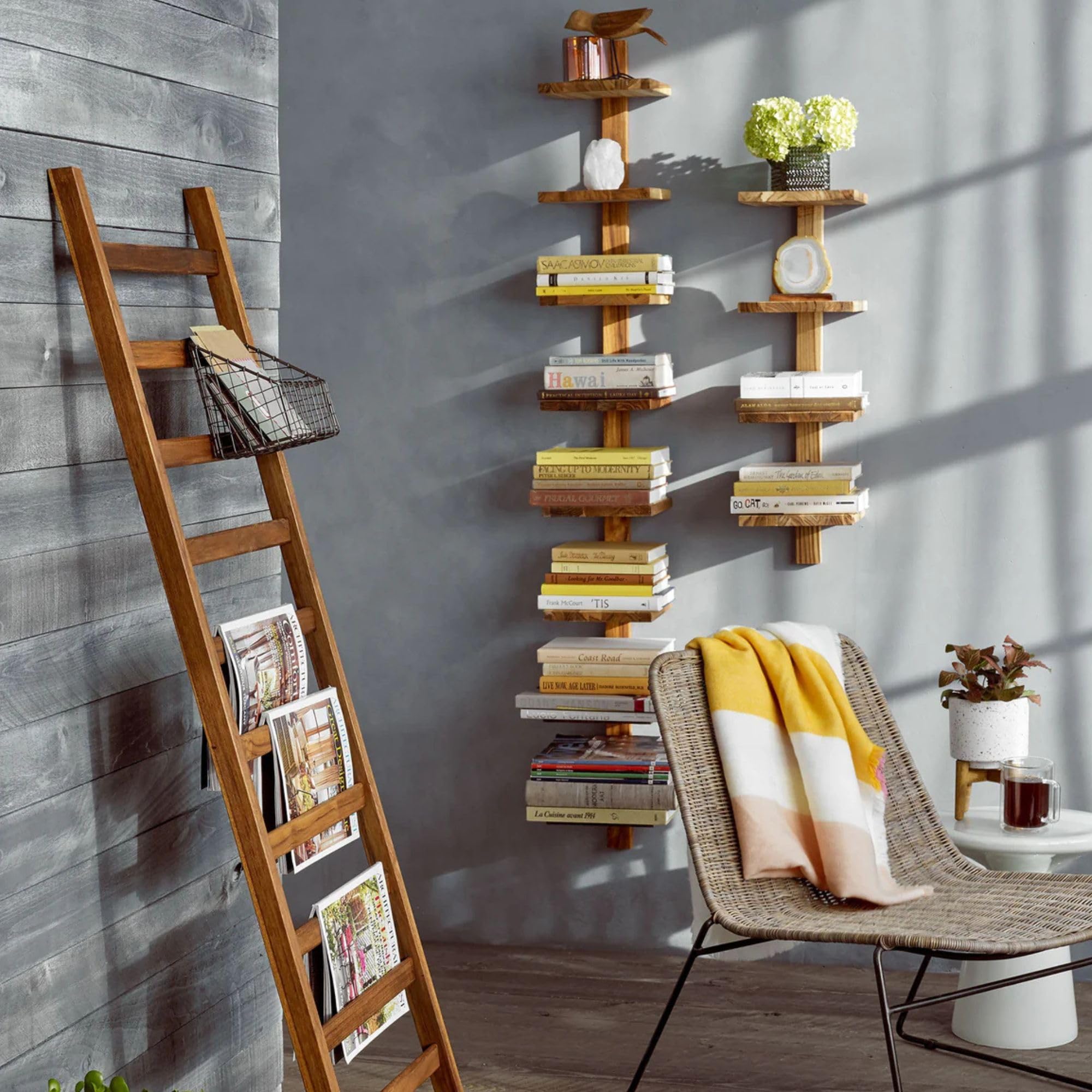 8-Shelf Floating Wall Shelves - Solid Teak Wood Column Shelving Unit for Living Room, Bedroom & Office Storage | Takara Large Wooden Wall Mount Shelves for Books, Plants & Decor
