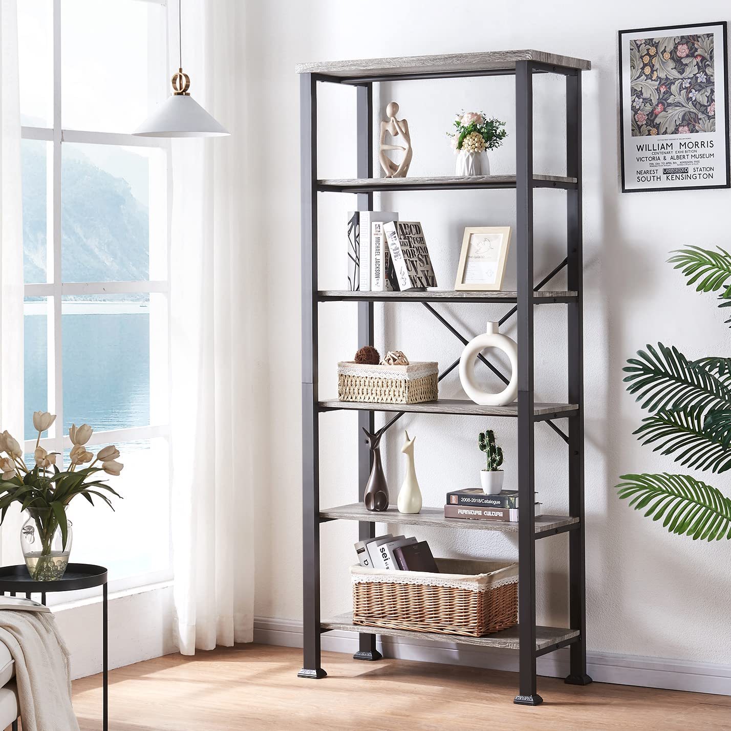 HOMBAZAAR 6-Tier Industrial Bookshelf - Grey Engineered Wood & Metal Bookcase, Tall Storage Shelf for Living Room, Office, Bedroom, Kitchen | Perfect for Organizing Books, Decor & Kitchen Supplies
