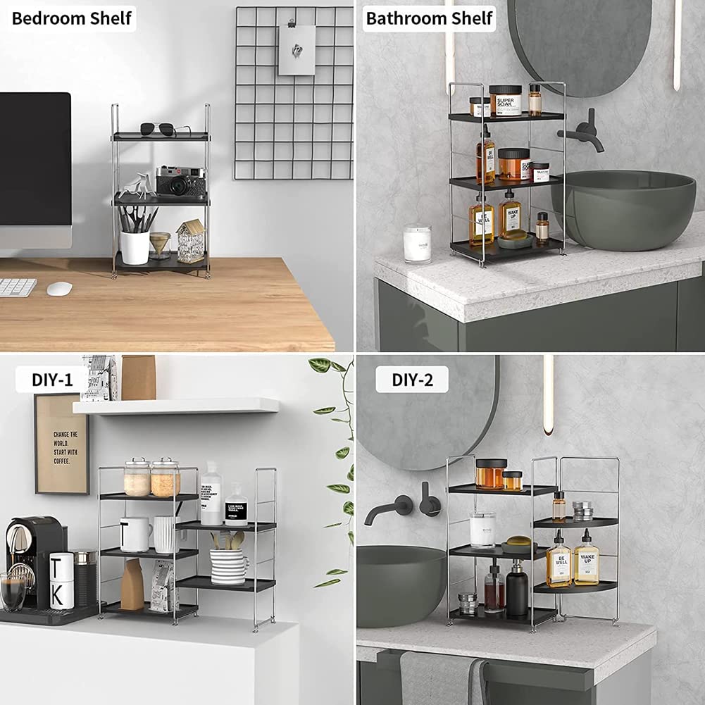 3-Tier Bathroom Countertop Organizer - Makeup Storage Shelf with Corner Design - Kitchen Spice Rack Standing Shelf - Perfect for Vanity, Bathroom, Bedroom & Kitchen Organization (Silver & Black) - Ideal for Small Space Storage & Cosmetic Display
