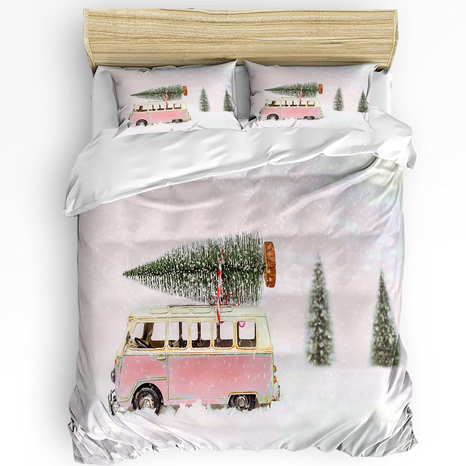 LooPoP Pink Christmas Twin Bedding Set - 3 Piece Comforter with Duvet Cover & Pillow Shams for Teens, Boys & Girls | Holiday Snow Bus & Pine Tree Design | Cozy Winter Bedroom Decor for Kids Rooms & Guest Bedrooms