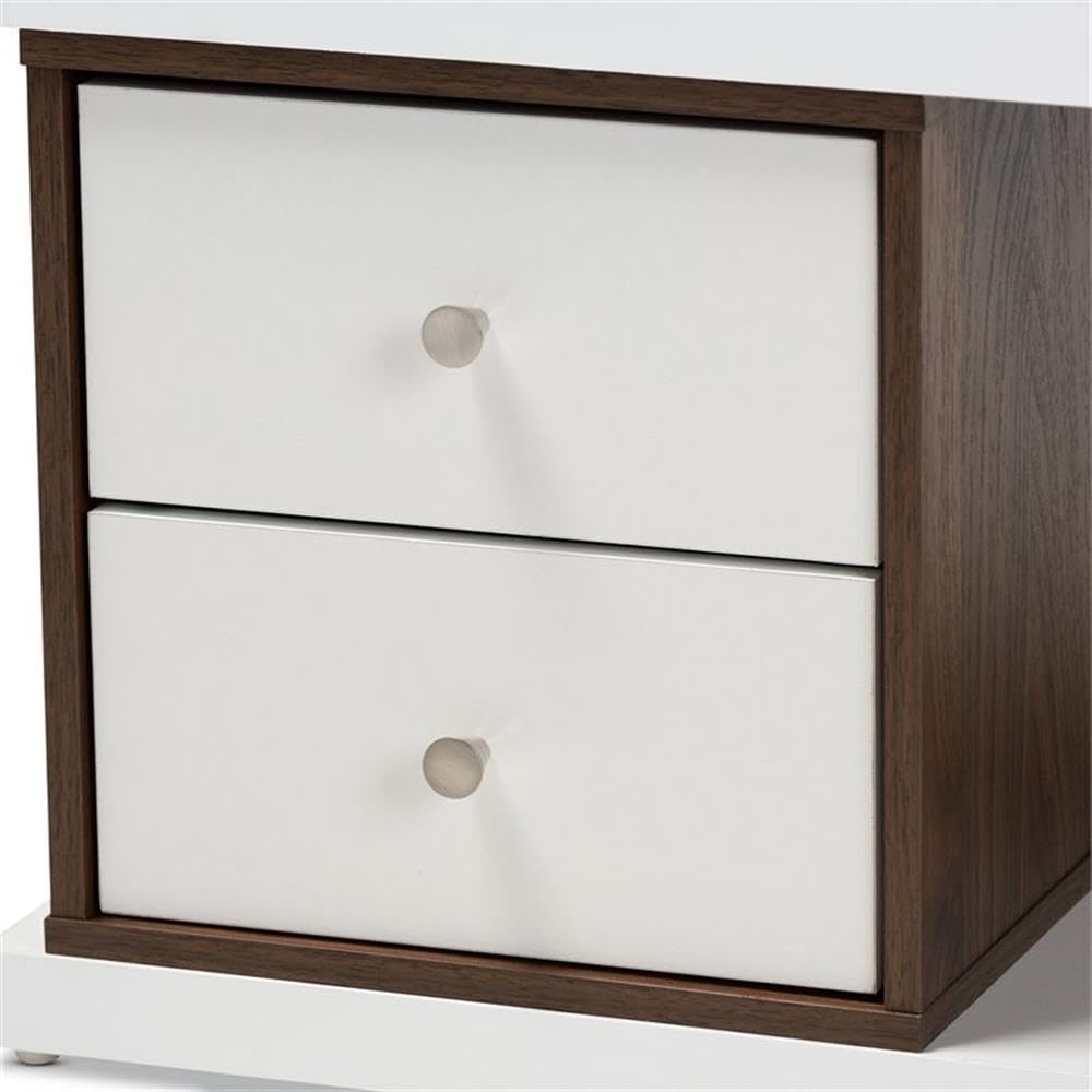 BOWERY HILL Modern Two-Tone White & Walnut 2-Drawer Bookcase - Stylish Storage for Home Office, Living Room & Bedroom