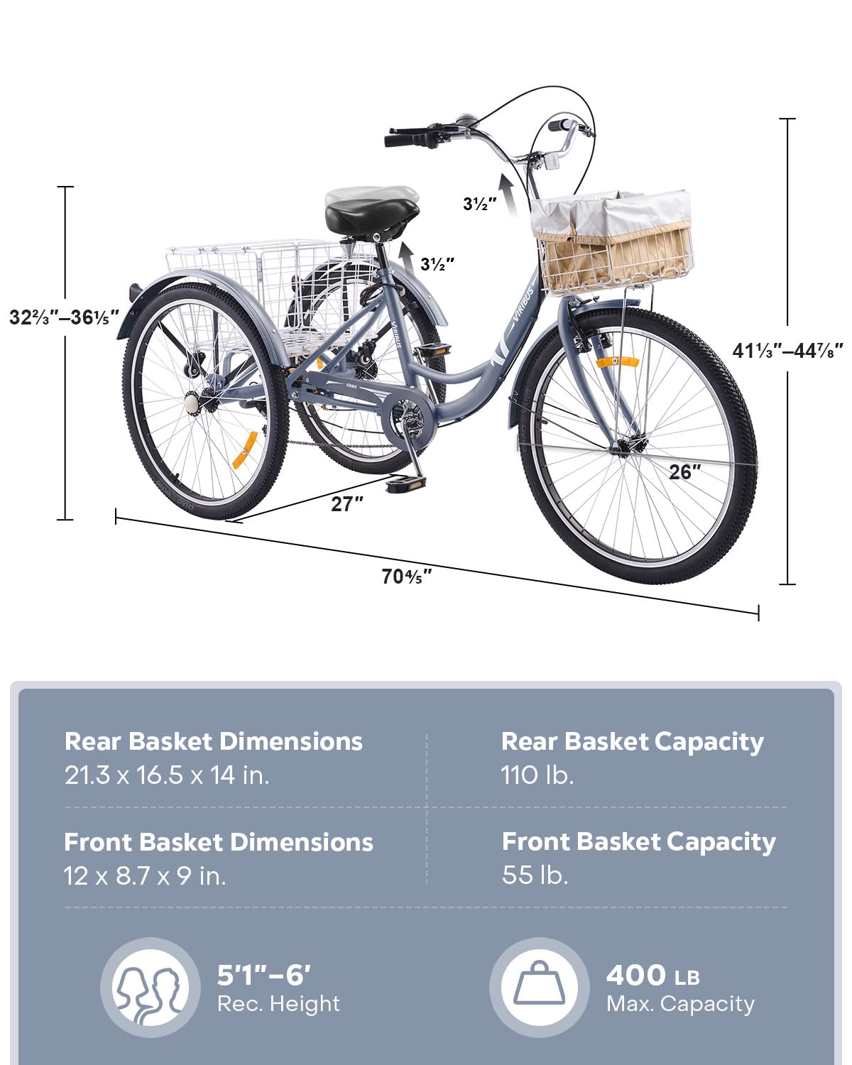 Viribus 24-26 Inch 7-Speed Adult Tricycle for Women & Men - Heavy Duty 400 lb Capacity 3-Wheel Bike with Front & Rear Baskets - Perfect for Commuting, Grocery Shopping & Senior Recreation