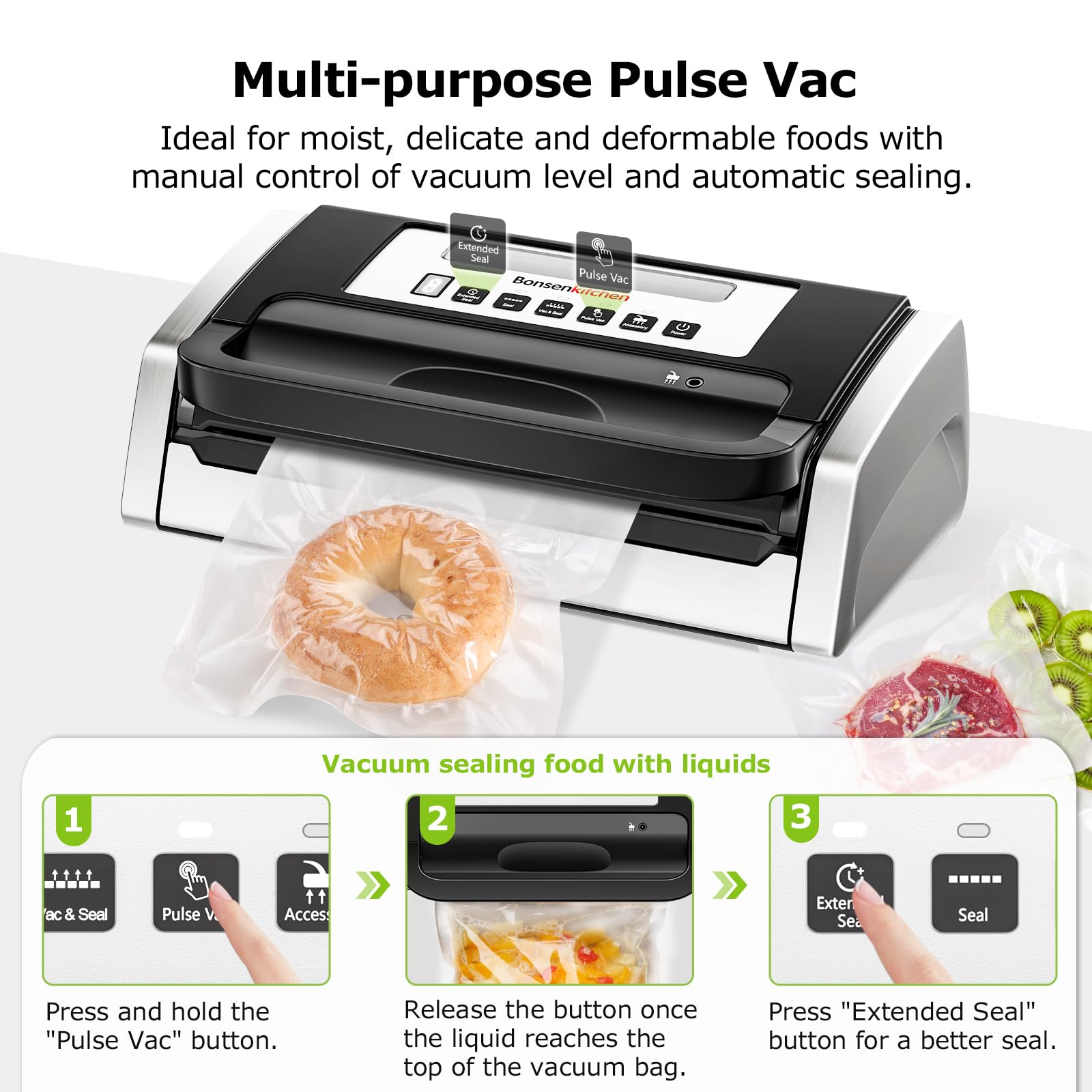 Bonsenkitchen Powerful & Quiet Vacuum Sealer Machine - High-Speed Continuous Food Sealer with Handle Lock & Built-in Cutter - Includes 2 Bag Rolls + 100 Vacuum Bags - Perfect for Meal Prep, Sous Vide, Food Storage & Freezing