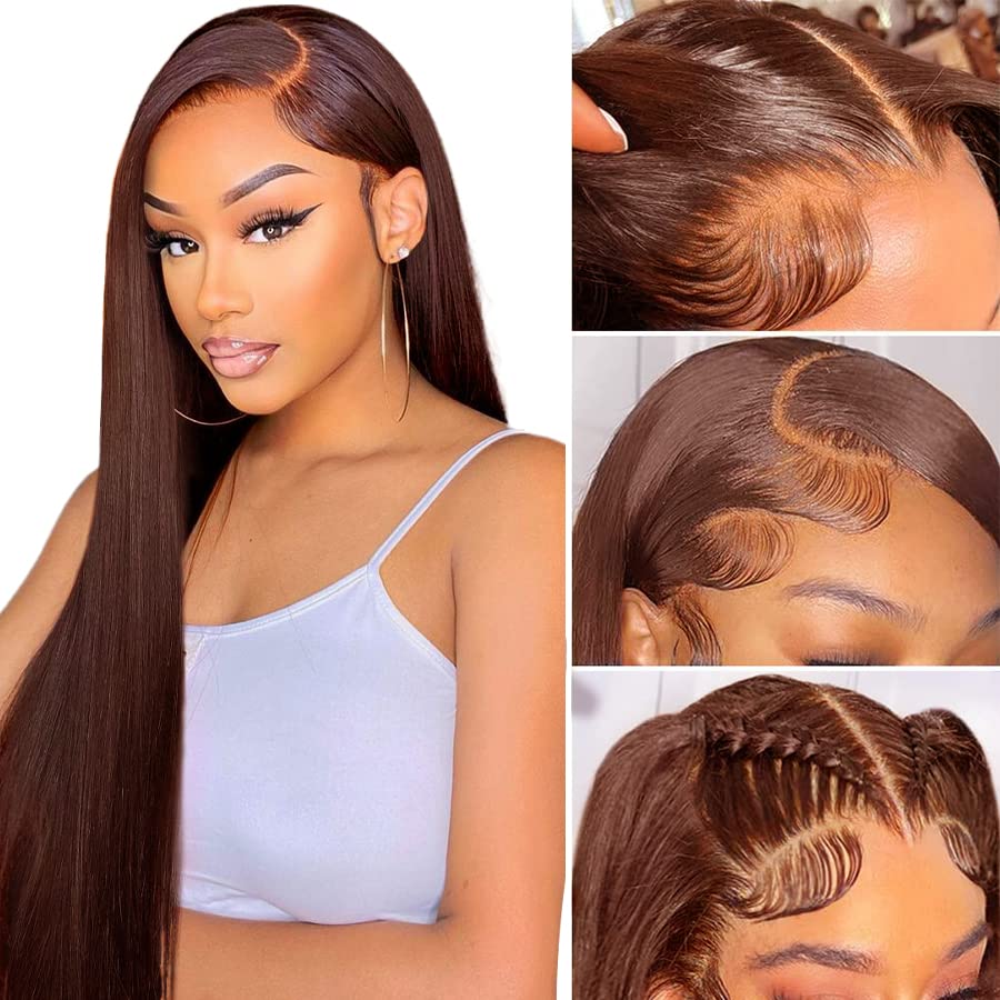 13x4 HD Lace Front Wig Brazilian Virgin Human Hair - Brown Straight 150% Density Pre Plucked with Baby Hair for Black Women | Natural Look, Daily Wear & Special Occasions