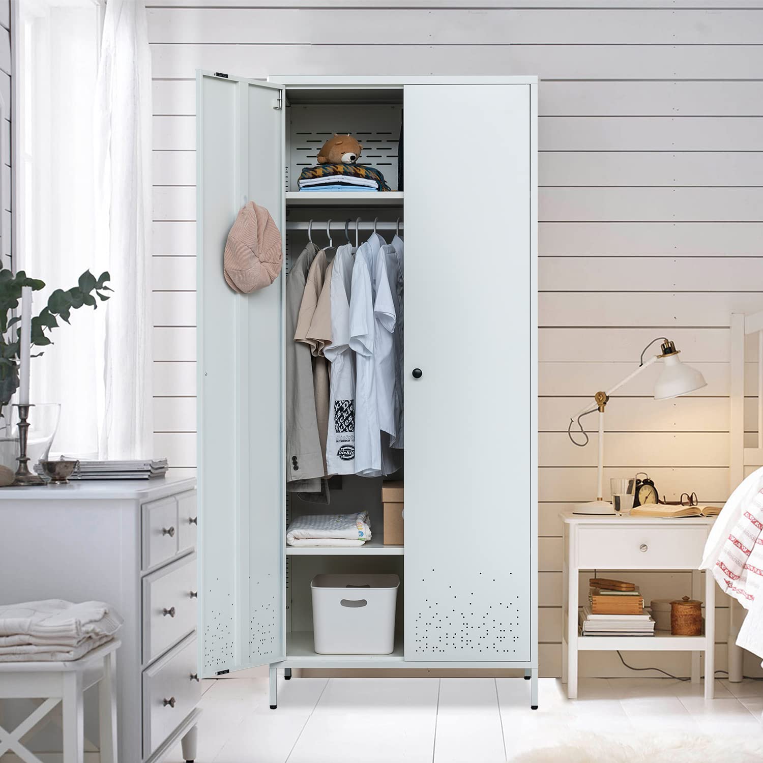 BESFUR White Metal Armoire with Hanging Rod & Adjustable Shelves - 20