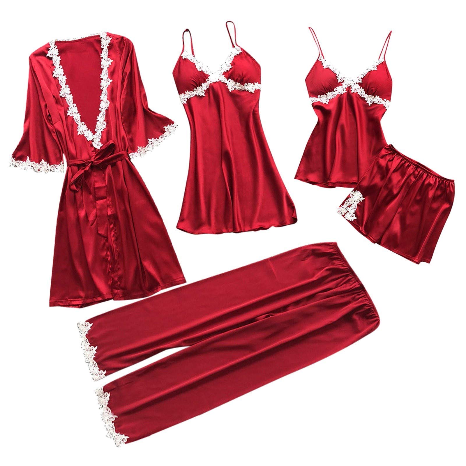 VEZAD Women's Floral Lace Trim Satin Pajama Set - 2pc/4pc/5pc Cami Nightgown with Robe & Panties | Soft Sleepwear for Women | Perfect for Bedtime, Lounging & Bridal Shower Gifts