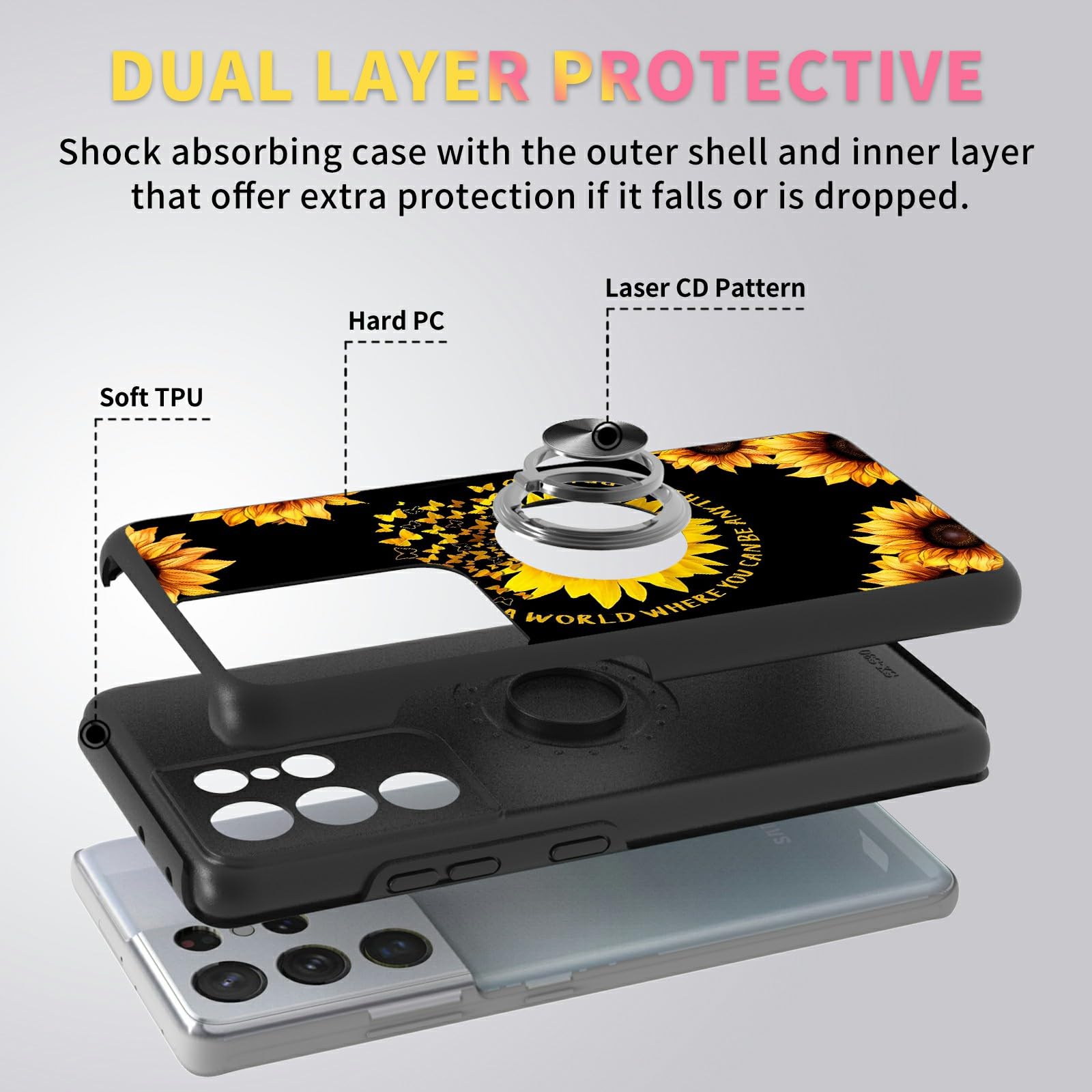 Shockproof Full-Body Protective Case for Samsung Galaxy S21 Ultra with Magnetic Ring Holder - Lightweight Rugged Phone Cover & Car Mount Accessory (Sunflower Butterfly Design) - Perfect for Driving, Outdoor Activities and Daily Protection