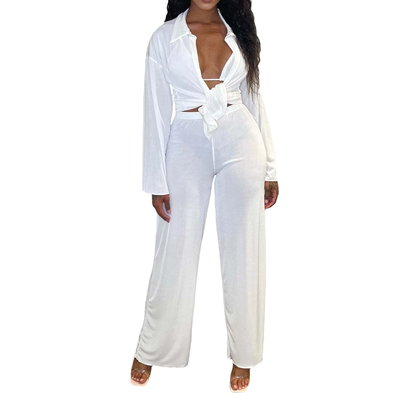 Women's 3-Piece Pantsuit Set - Long Sleeve Button Down Blouse with Lapel, Halter Tie-Up Bra Top & Wide Leg Trousers | Office Wear, Business Attire, Formal Outfits for Professional Women