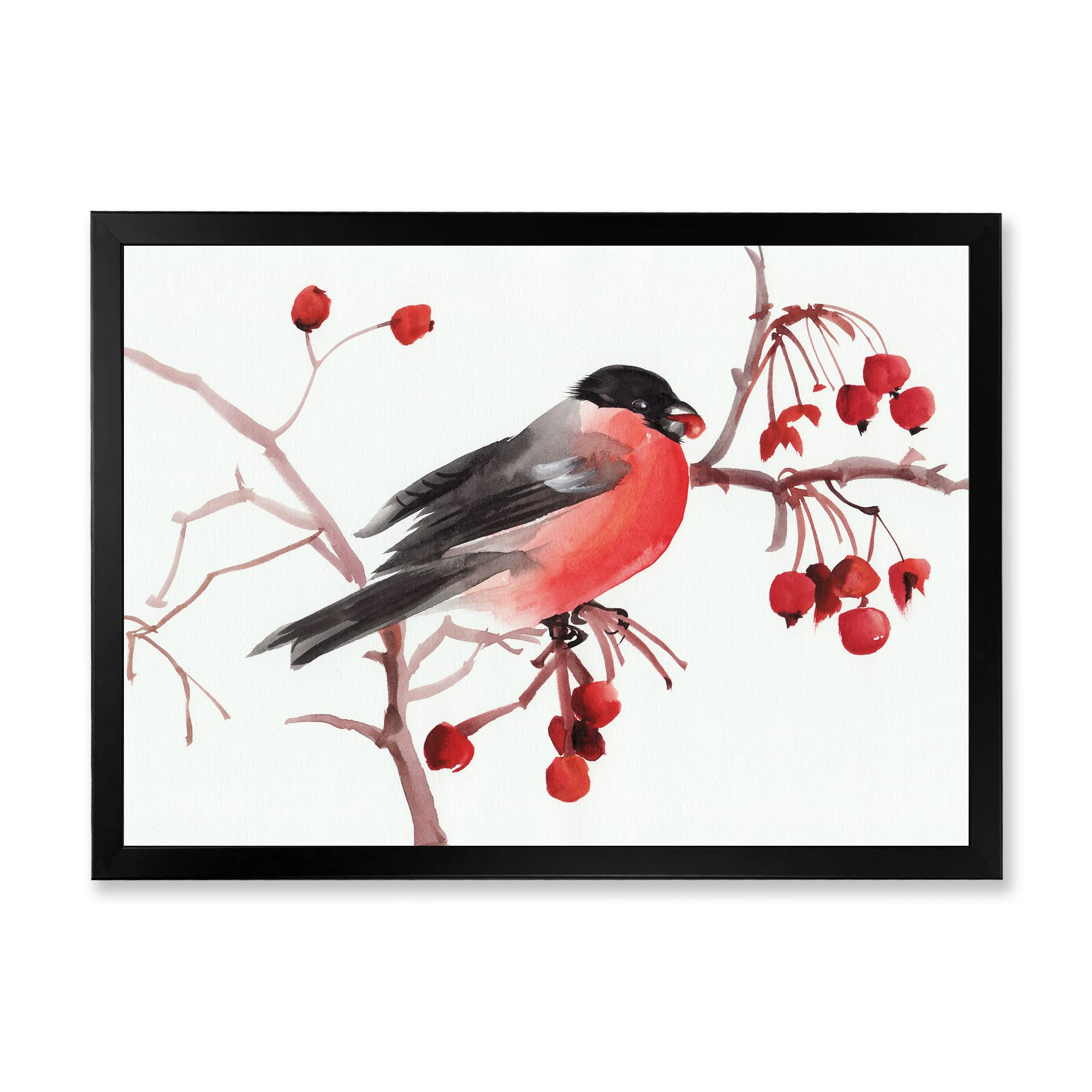 DesignQ Bullfinch Bird on Branch Traditional Framed Wall Art - Home Decor for Living Room, Bedroom & Office