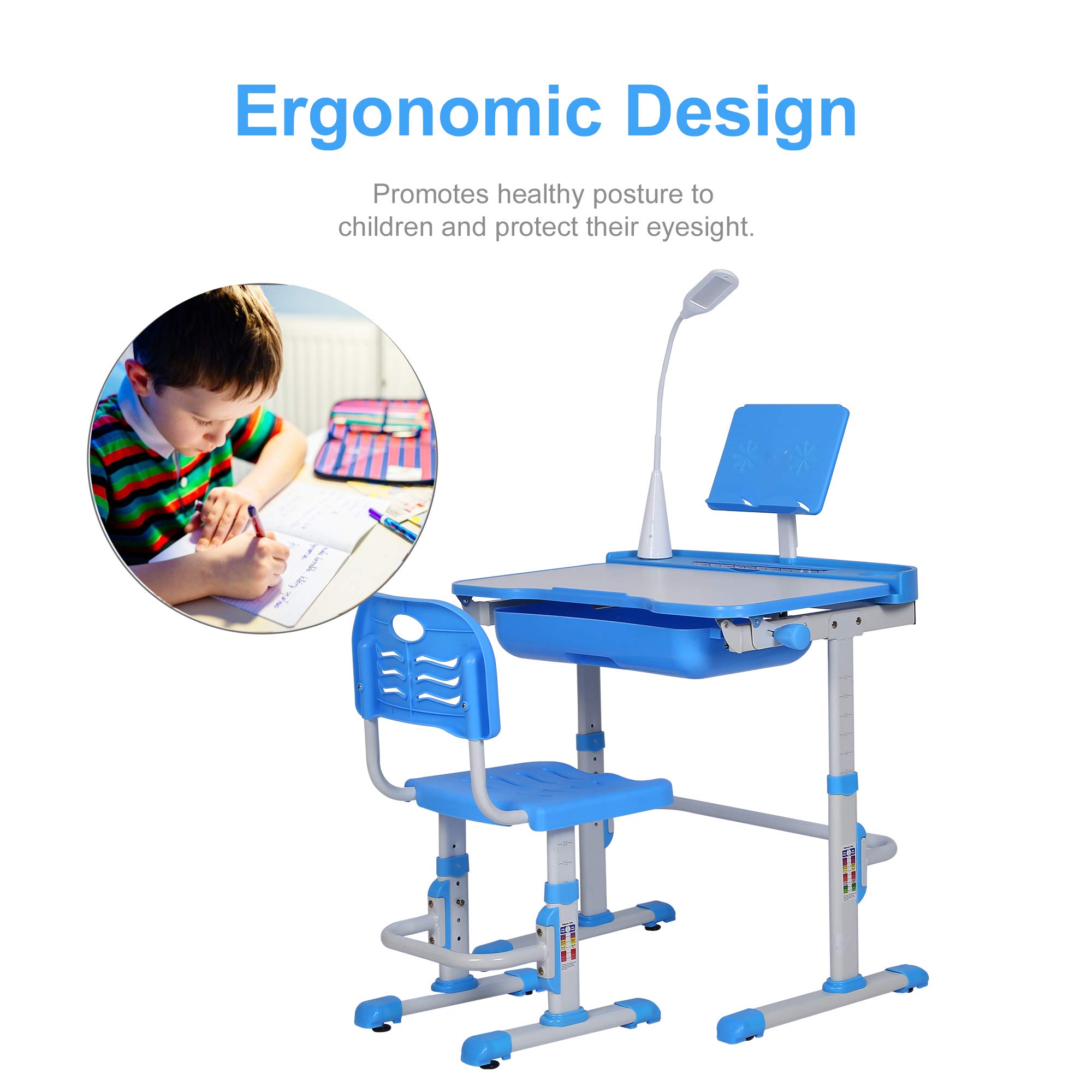 Adjustable Kids Desk and Chair Set with LED Light & Storage - Ergonomic Study Table for Children, Tilt Desktop, Book Stand - Perfect for Homework, Reading & Online Learning (Blue)