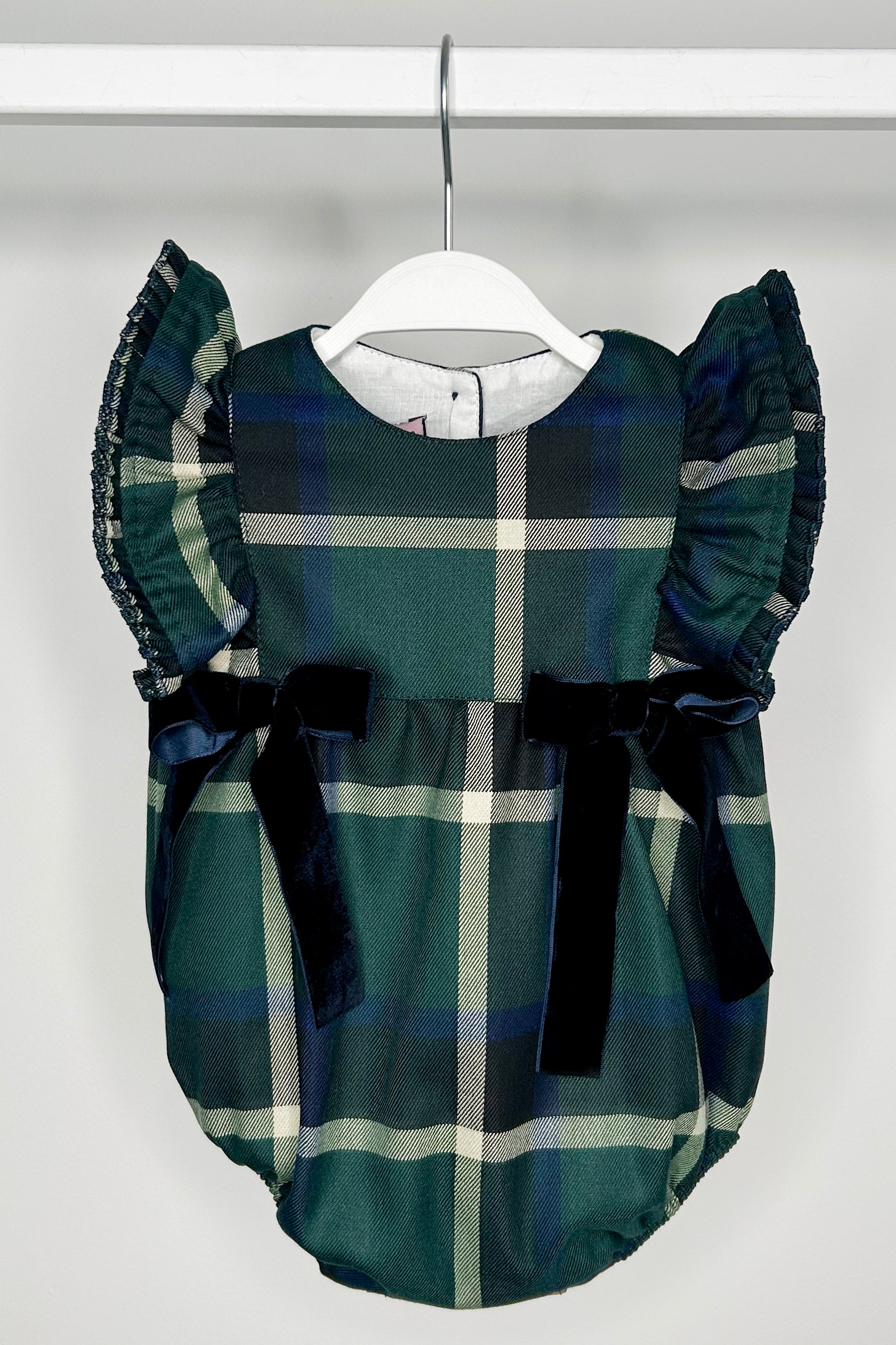 Jemima Bottle Green Tartan Romper for Baby Girls - Soft Cotton Jumpsuit with Adjustable Straps - Perfect for Playdates, Parties, and Photo Shoots