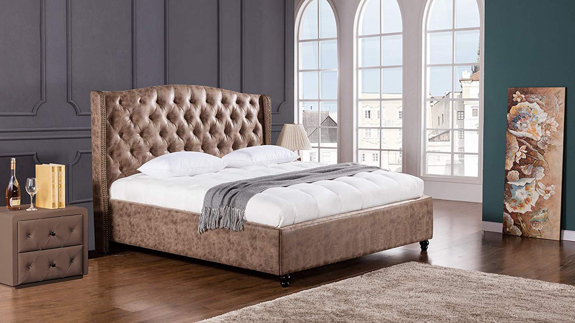 Benjara Leatherette Upholstered Wooden Queen Size Bed with Tufted Winged Headboard in Brown - Luxurious Bedroom Furniture for Master Suite & Guest Room Decor