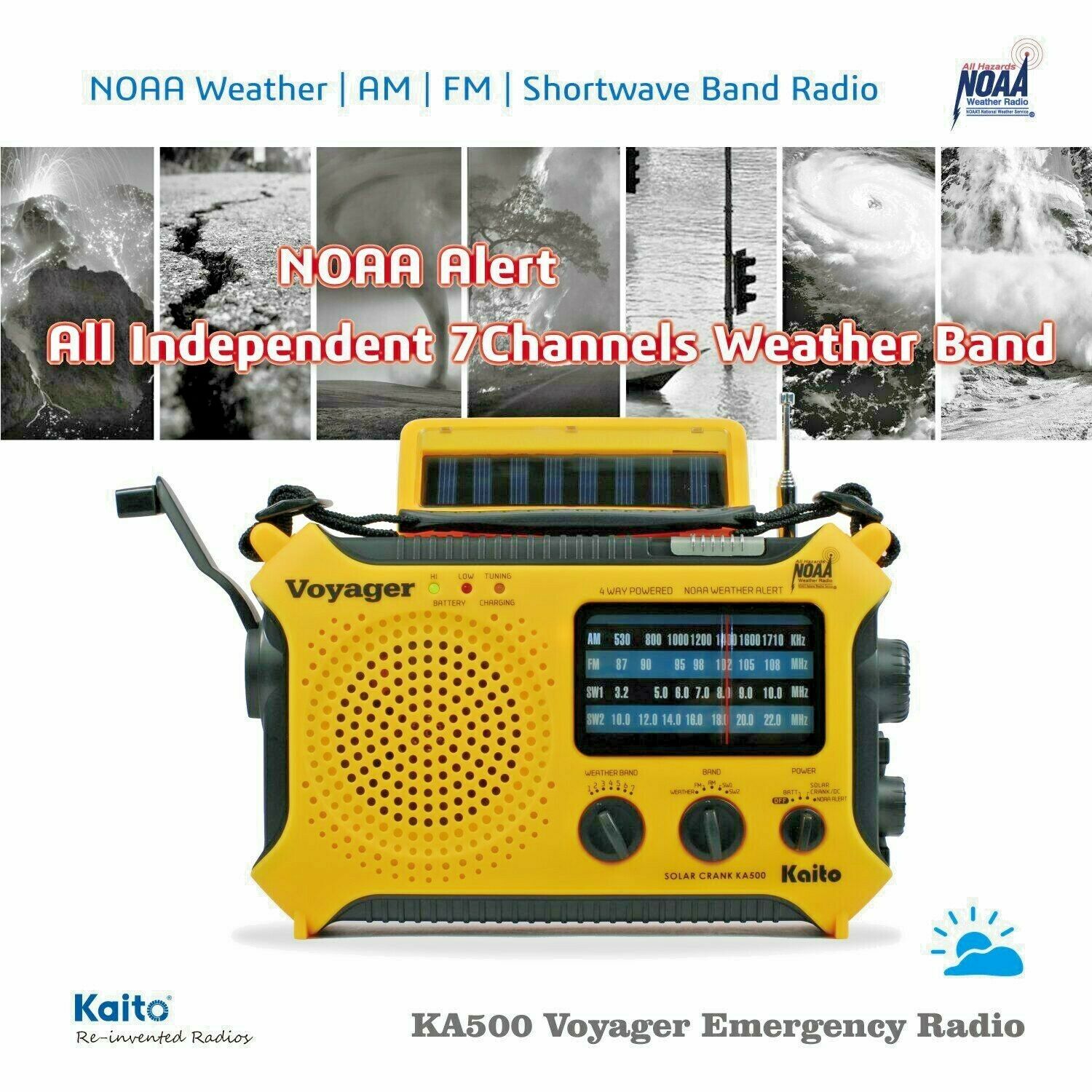 Kaito KA500 Emergency Weather Alert Radio - AM/FM/Shortwave Solar & Hand Crank Powered, Portable Survival Radio for Outdoor, Camping, Hiking & Emergency Preparedness (Yellow)