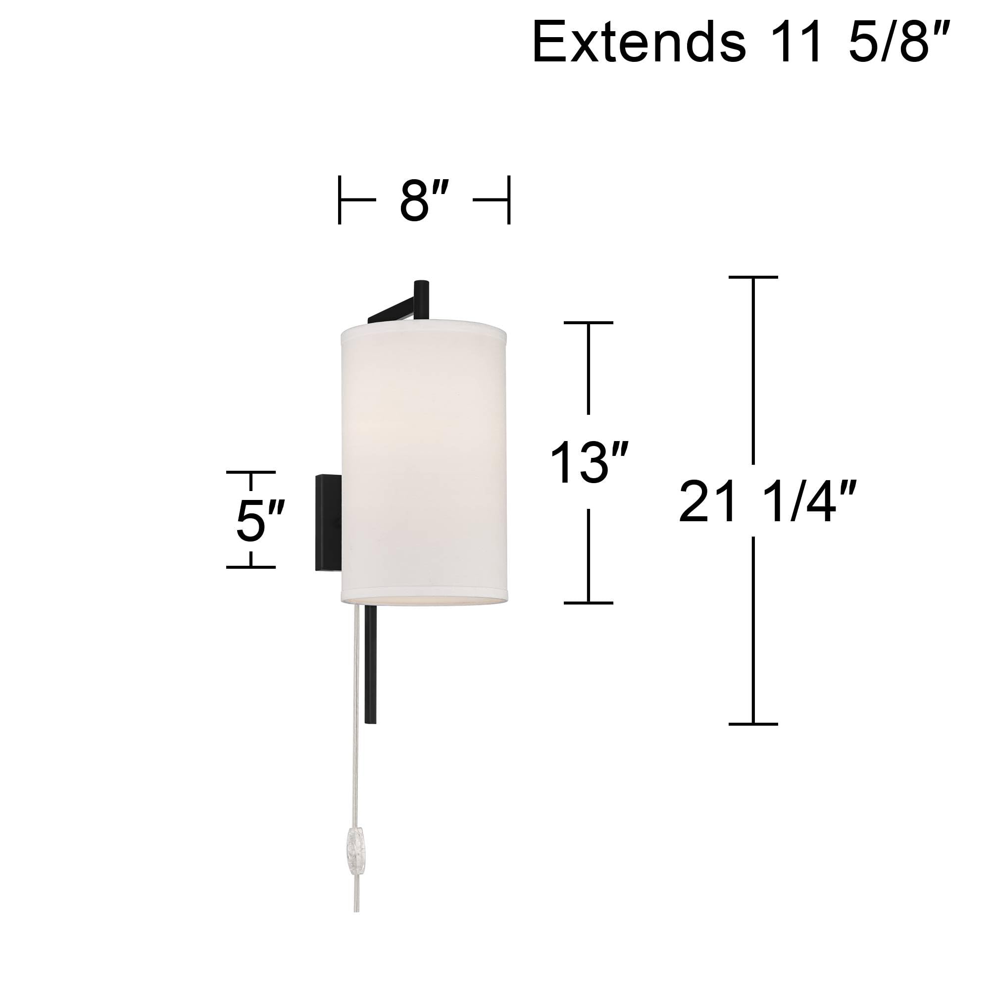 Possini Euro Bixby Modern Wall Mounted Plug-in Sconce Set of 2 - Black Metal Frame with White Fabric Drum Shades for Bedroom, Living Room, Hallway - Perfect for Reading, Ambient Lighting & Home Decor