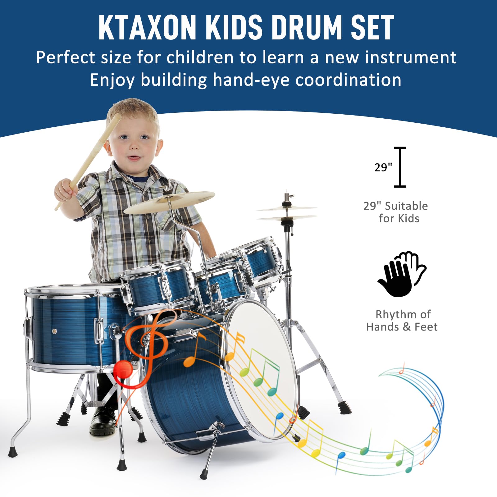 **Ktaxon 5-Piece Complete Junior Drum Set for Kids – 14 Inch Beginner Drum Kit with Throne Stool, Pedal, Drumsticks & Cymbals (Hi-Hat, Floor, Tom, Snare) – Brushed Blue – Perfect for Home Practice, Music Lessons & Kids' Performances**