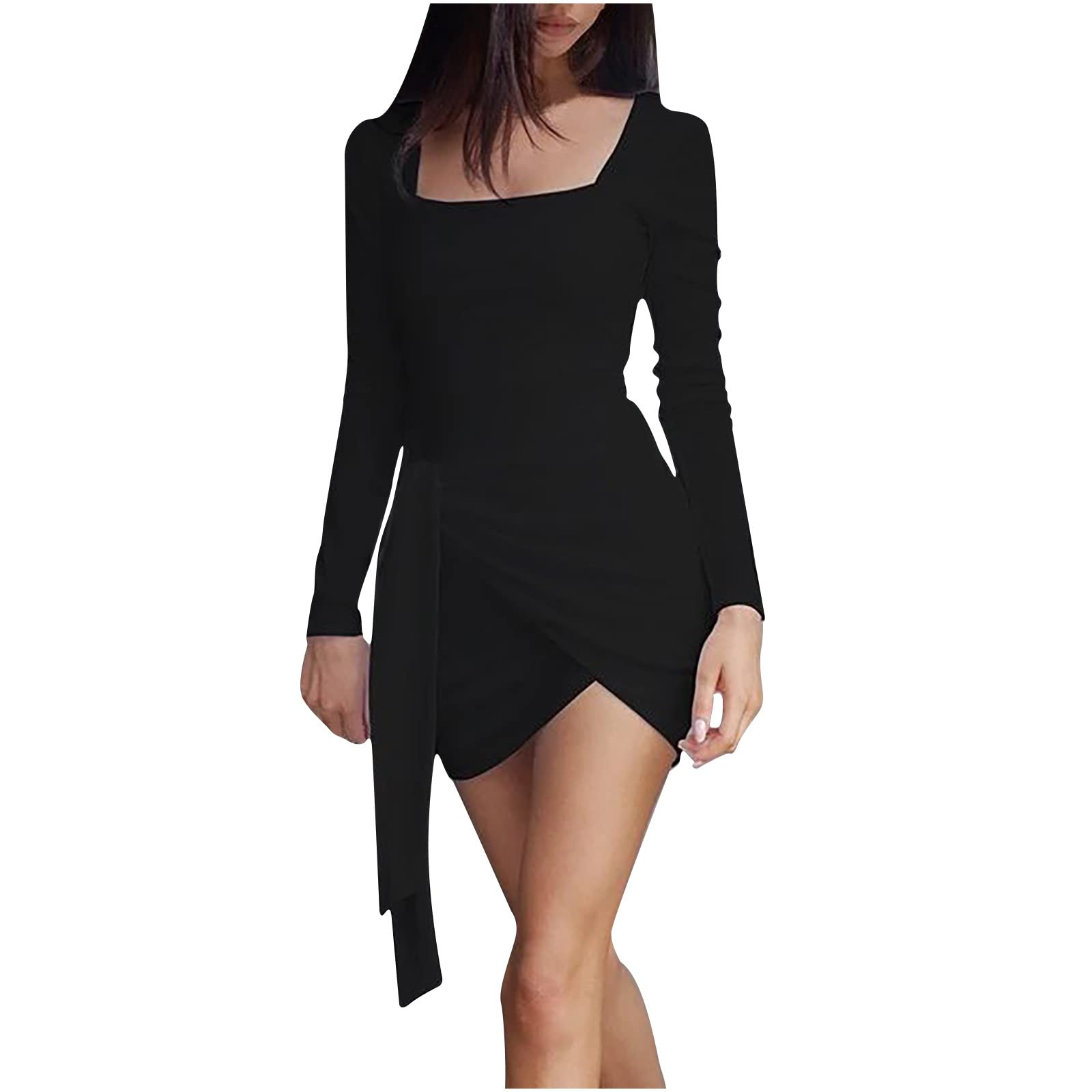 Jsarle Women's Cocktail Dress Long Sleeve Square Neck Lace-Up Mini Dress with Irregular Hem - Fall Winter Party Wear, Wedding Guest Outfit, Holiday Celebration Dress