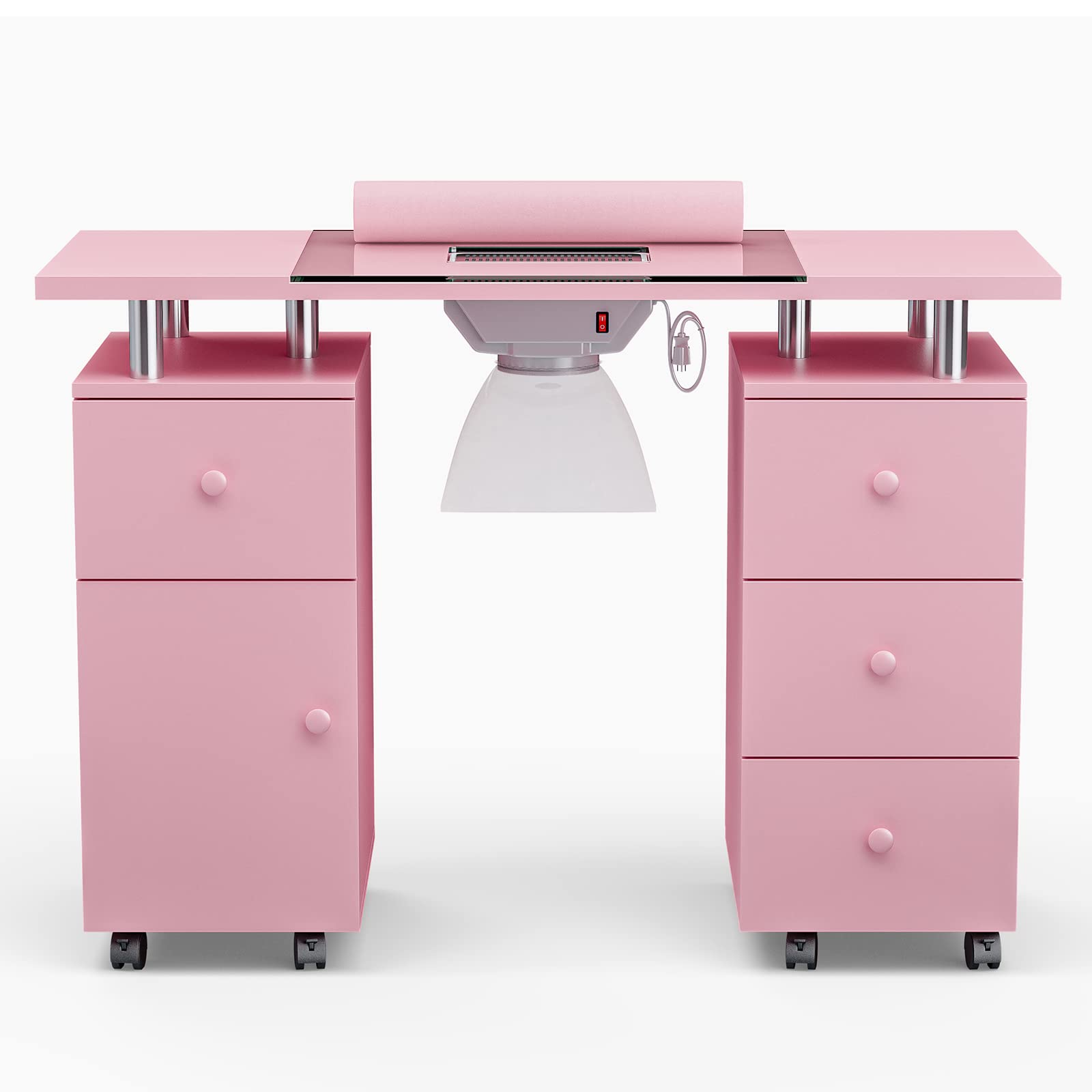 Professional Nail Tech Desk with Glass Top & Built-in Dust Collector - Manicure Table with 3 Dust Bags, Wrist Rest & Storage Drawers - Pink Beauty Salon Workstation for Nail Art, Gel Polish & Pedicure Services