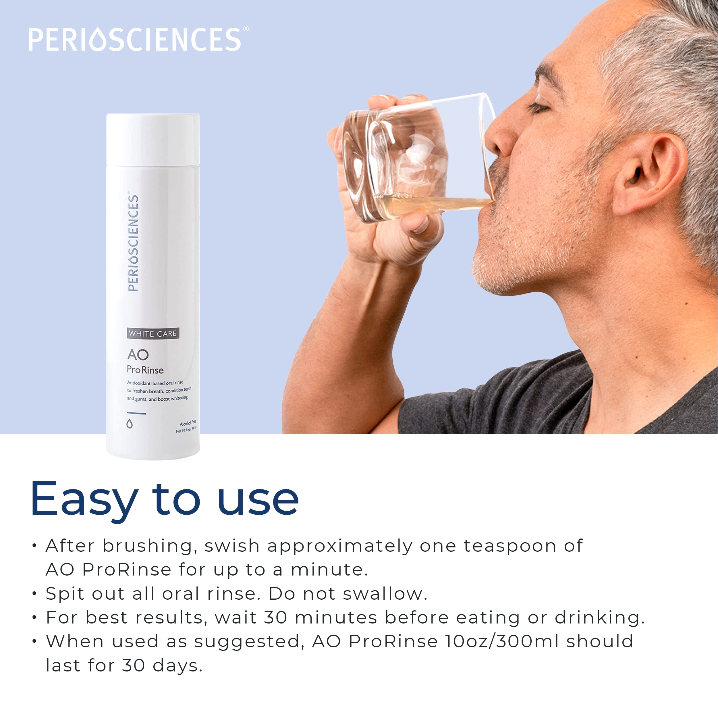 PerioSciences AO ProRinse White Care Whitening Mouthwash with Antioxidants - 10 Fl Oz / 300ml Oral Rinse for Gum Health & Teeth Whitening | Fresh Breath Solution for Daily Oral Care & Stain Removal