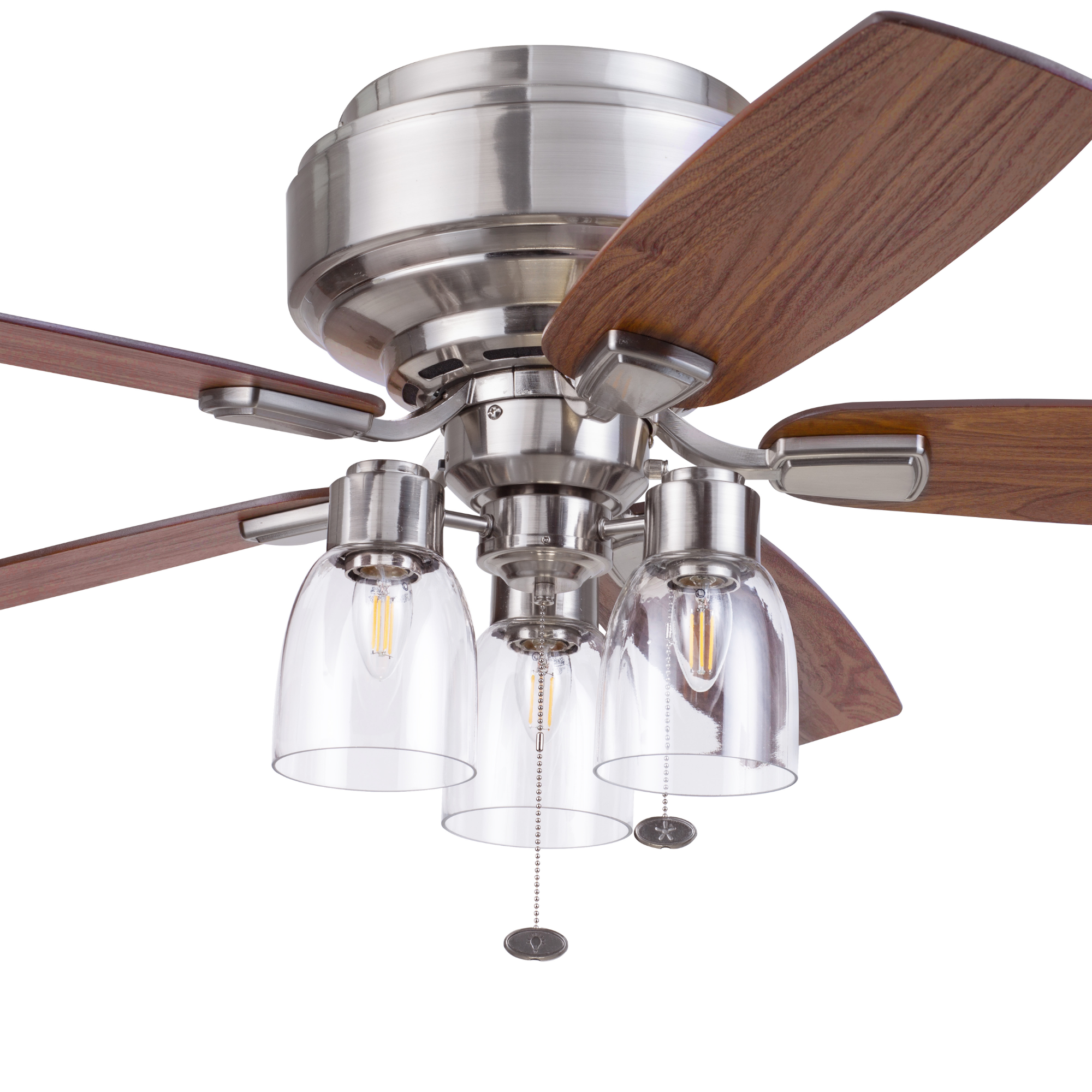 52 Inch Brushed Nickel Ceiling Fan with Pull Chain & Quick Attach™ - Modern Low Profile Flush Mount Fan for Bedroom, Living Room, and Office