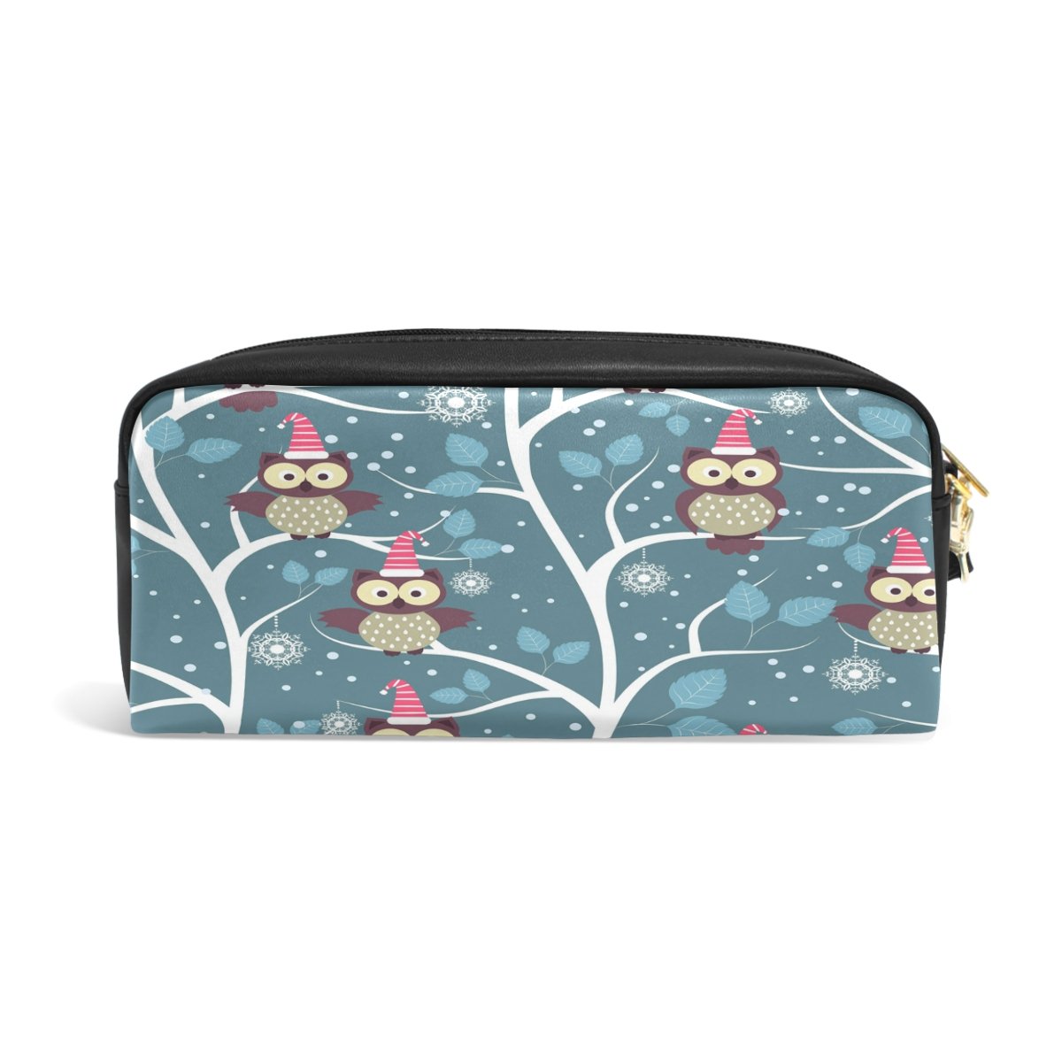 ALAZA Christmas Owl Snowflake Winter Forest PU Leather Pen Pencil Case - Cute Makeup Cosmetic Pouch & Travel School Bag Organizer for Women Girls | Perfect for Holiday Gifts, Office Supplies & College Essentials
