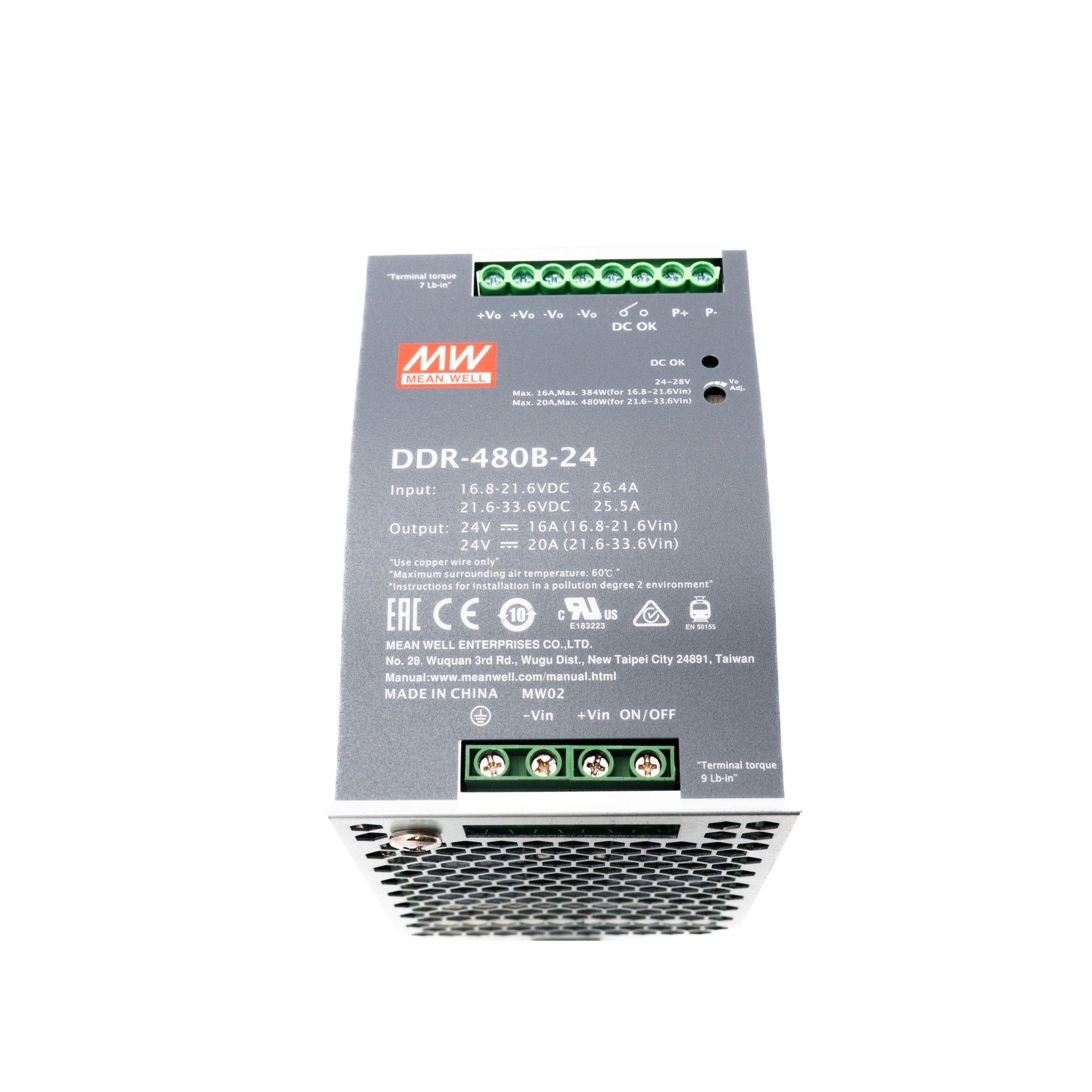 Mean Well DDR-480B 24V 480W DC-DC Converter | 16.8-33.6V Input to 24V Output | Ideal for Industrial Automation, Telecom Equipment & Renewable Energy Systems