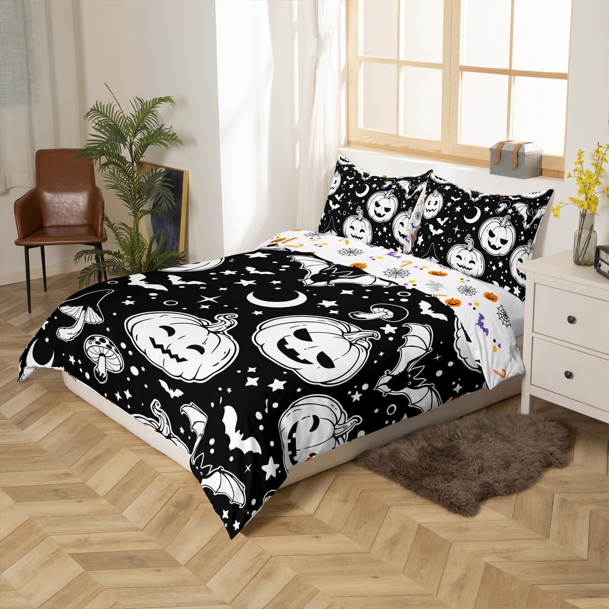 Erosebridal Bats Duvet Cover Set - Gothic Halloween Bedding with Cute Mushroom Print, Black & White Twin Size Comforter for Spooky Room Decor | Perfect for Halloween Parties & Gothic Themed Bedrooms
