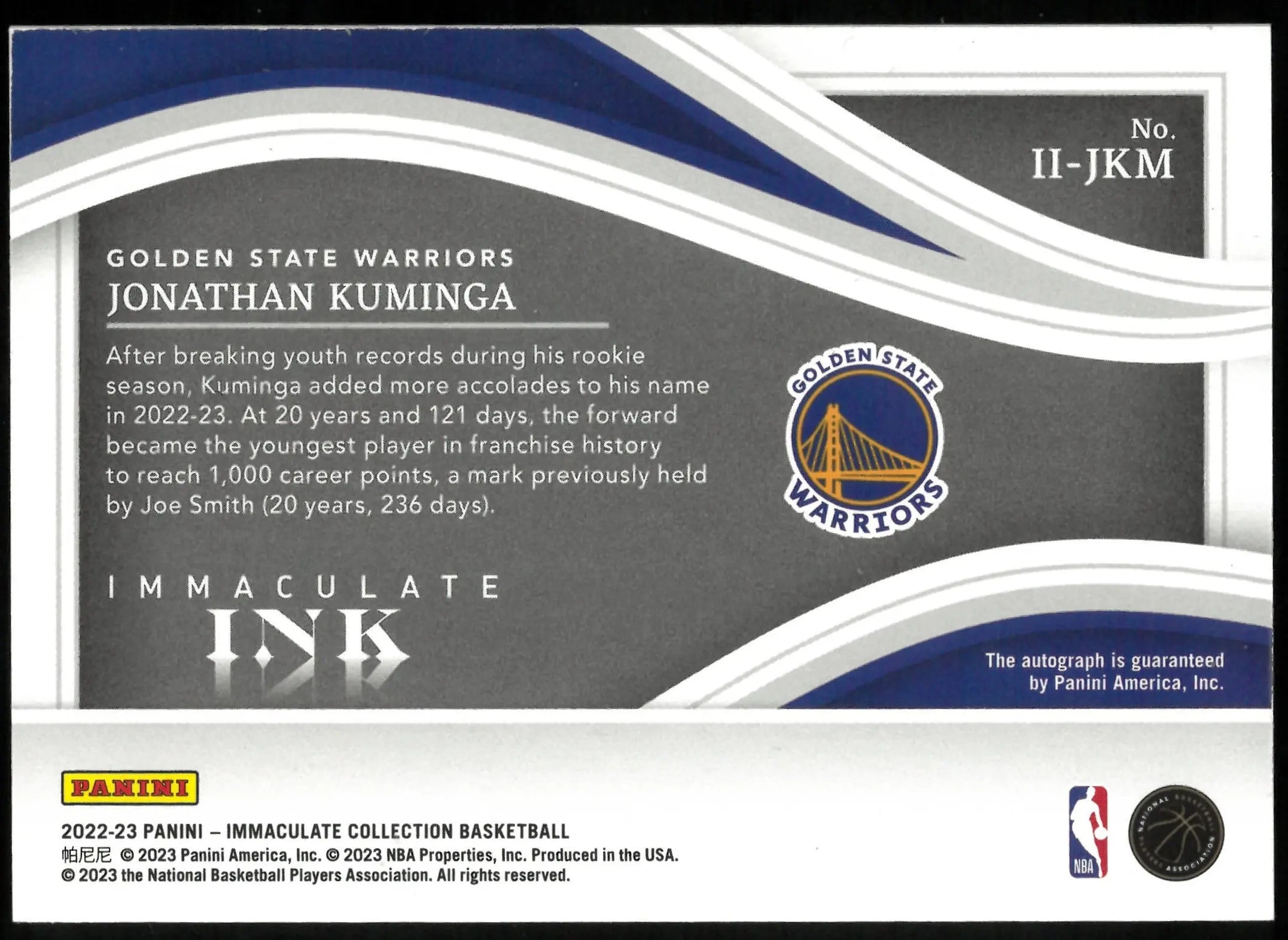 2022-23 Panini Immaculate Basketball Jonathan Kuminga Immaculate Ink Autograph Card #69/99 - Rare Collectible for NBA Fans & Sports Memorabilia Enthusiasts