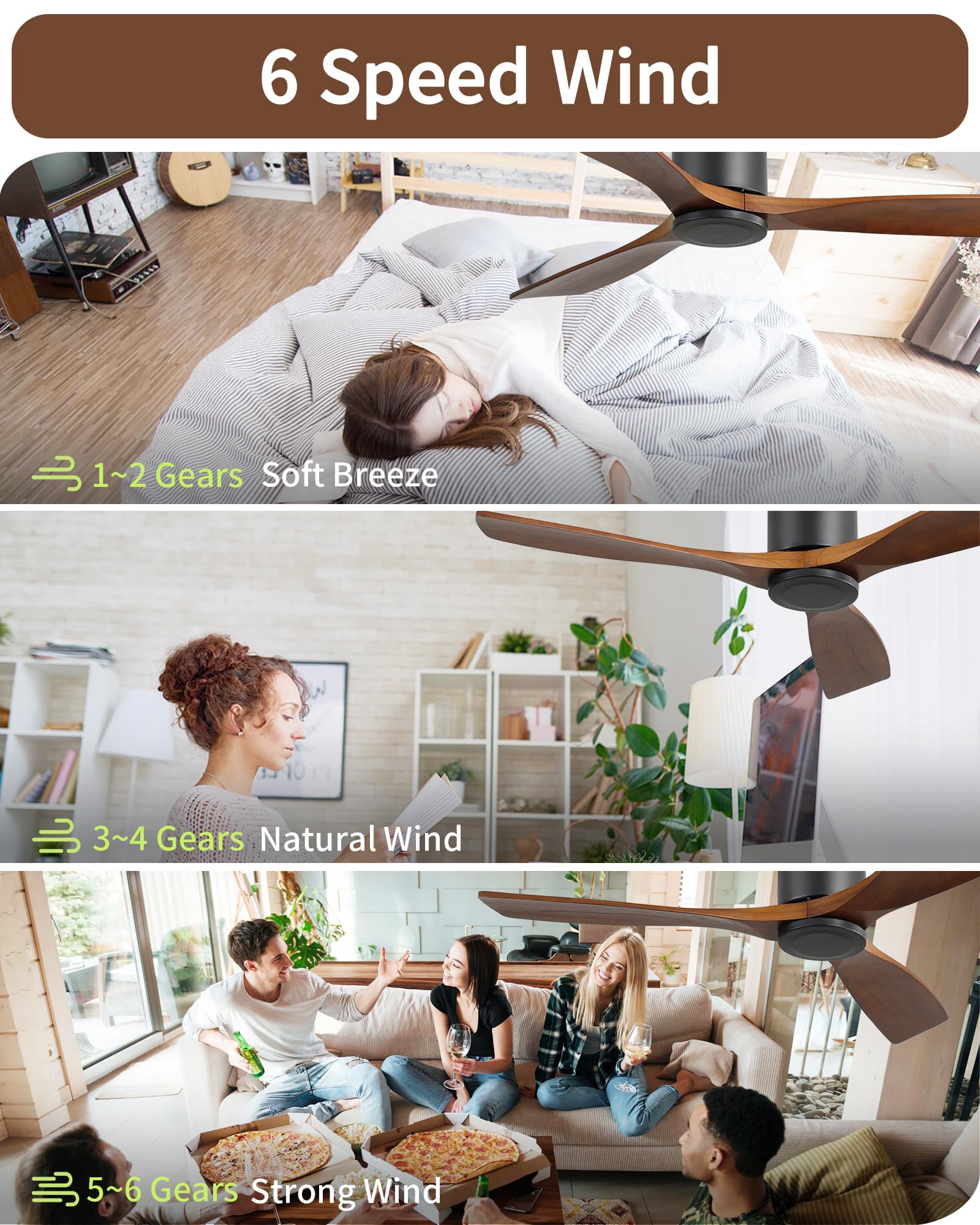 52 Inch Low Profile Flush Mount Ceiling Fan No Light - 6 Speed & 3 Timer Remote Control, 3 Wood Blades, Ultra Quiet Reversible DC Motor - Perfect for Bedrooms, Living Rooms, Patios, and Outdoor Covered Spaces