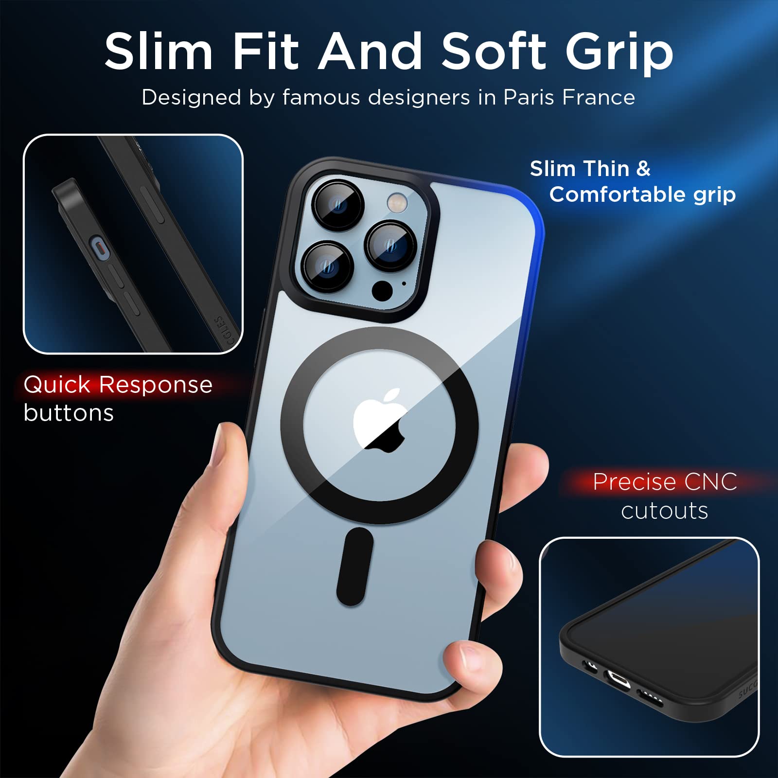 SUCGLES Magnetic iPhone 13 Pro Max Case with MagSafe - Ultra Strong Magnet, 12FT Military Drop Protection, Shockproof Slim Thin Cover for Apple iPhone 13 Pro Max (Clear-Black) - Perfect for Work, Travel & Outdoor Activities