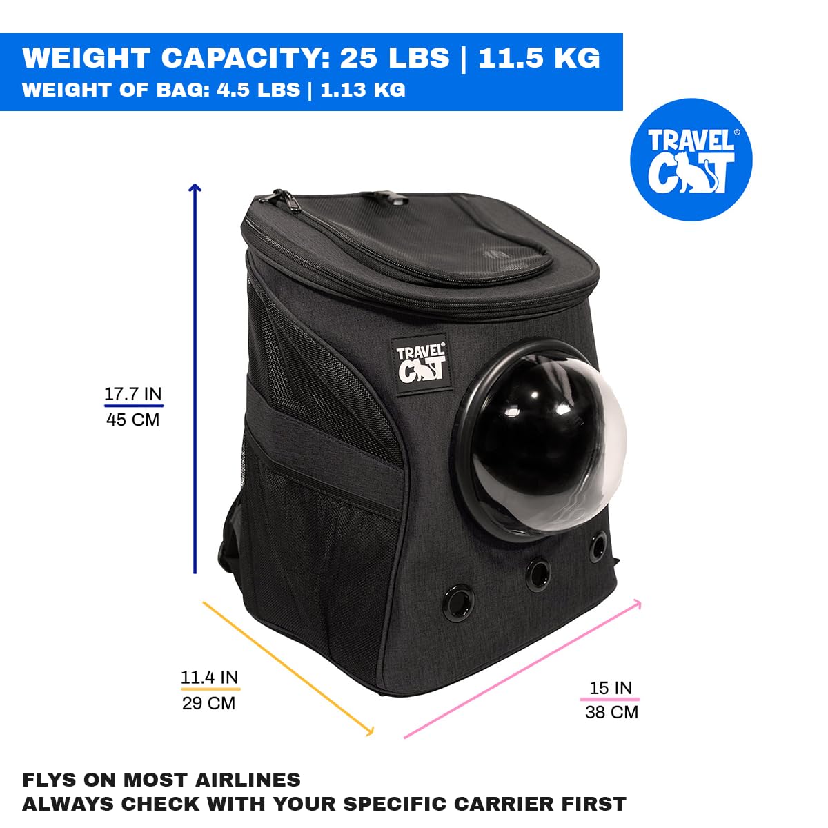 **Premium Airline Approved Fat Cat Backpack Carrier - Space Capsule Bubble Design for Small Cats & Kittens - Durable Charcoal Pet Carrier for Travel, Hiking, Outdoor Adventures & Vet Visits**