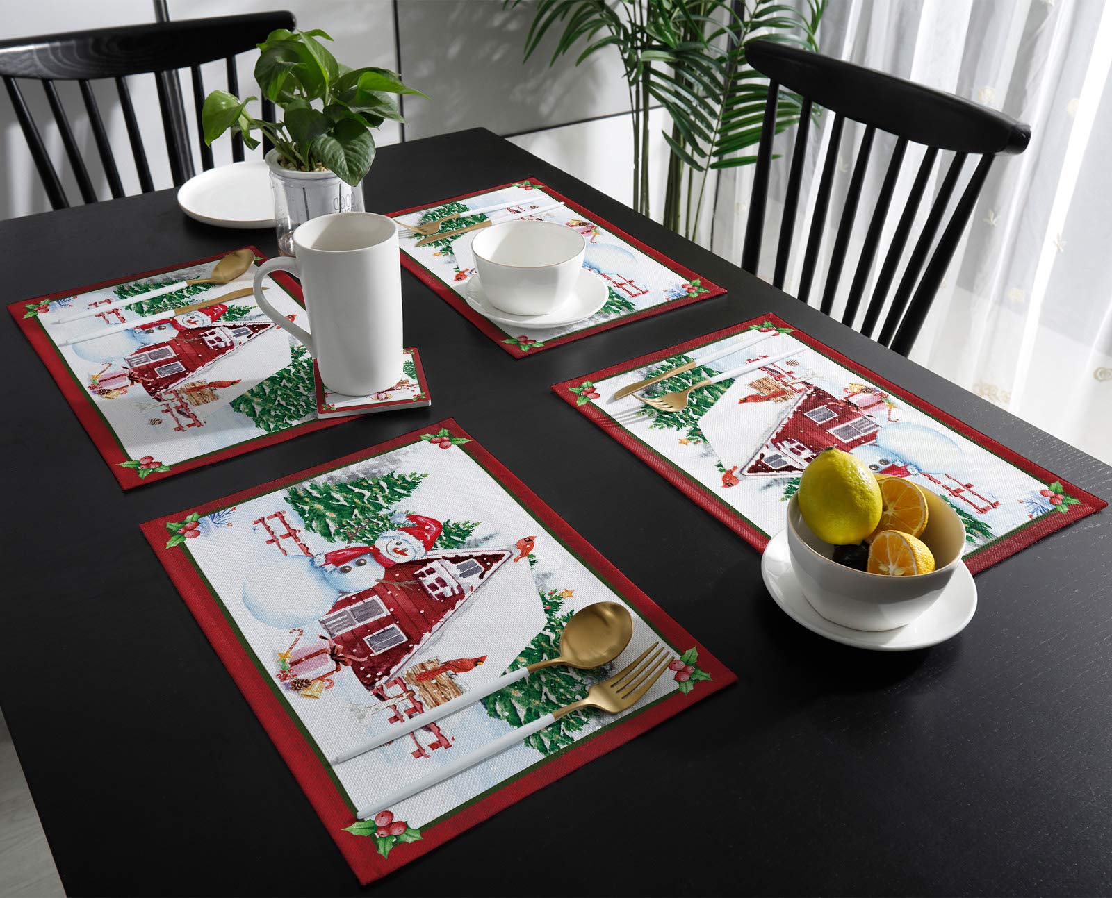 Winter Christmas Red Barn Robin Placemats Set of 4 - 13x19 Inch Washable Cotton Linen Table Mats for Dining Table, Kitchen, Party & Wedding | Cozy Holiday Decor & Festive Dinner Setting