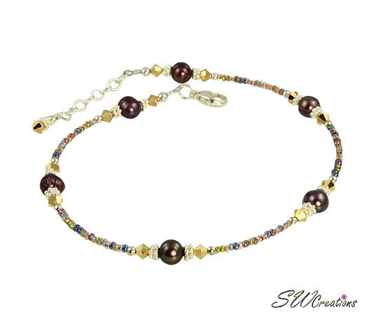Gold Crystal Purple Pearl Beaded Anklet - Elegant Women's Ankle Bracelet for Summer Beach Wedding Party Jewelry