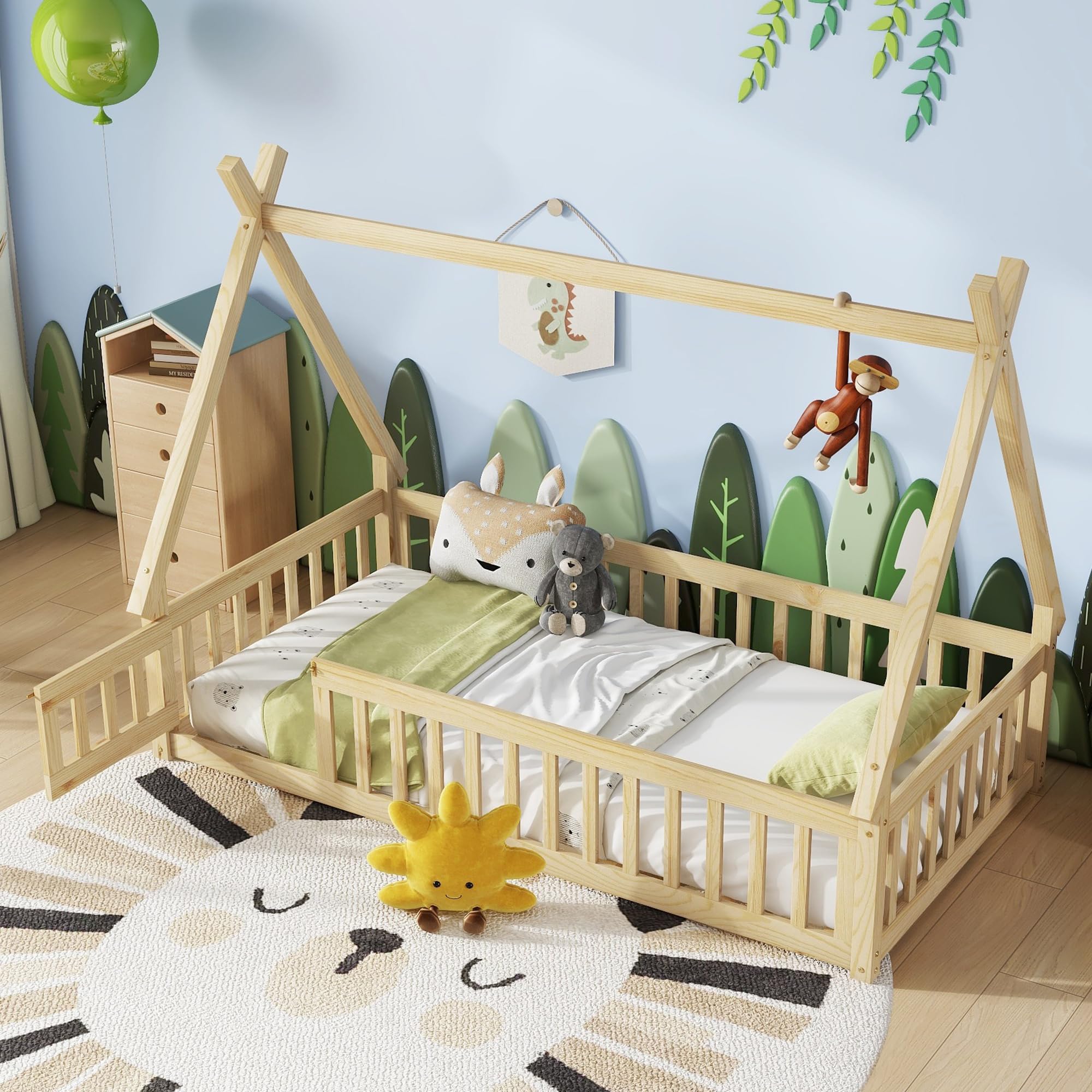 Montessori Twin Floor Bed for Kids - Natural Wood Teepee Tent Bed Frame with Slats, Guardrails & Safety Door - Perfect for Boys & Girls Bedrooms, Playrooms & Montessori Learning Spaces
