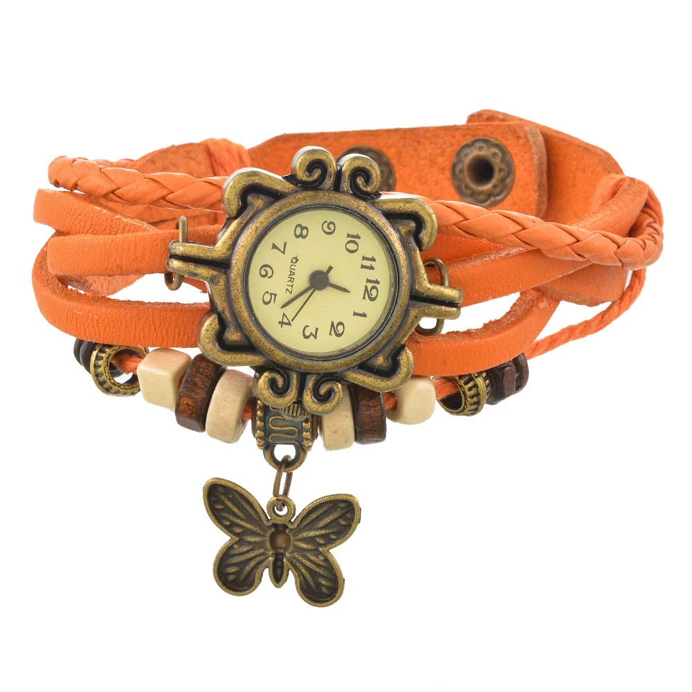 Souarts Women's Fashion Quartz Watch with Braided Leather Strap & Butterfly Charm - Stylish Wrap Bracelet for Casual, Office & Party Wear